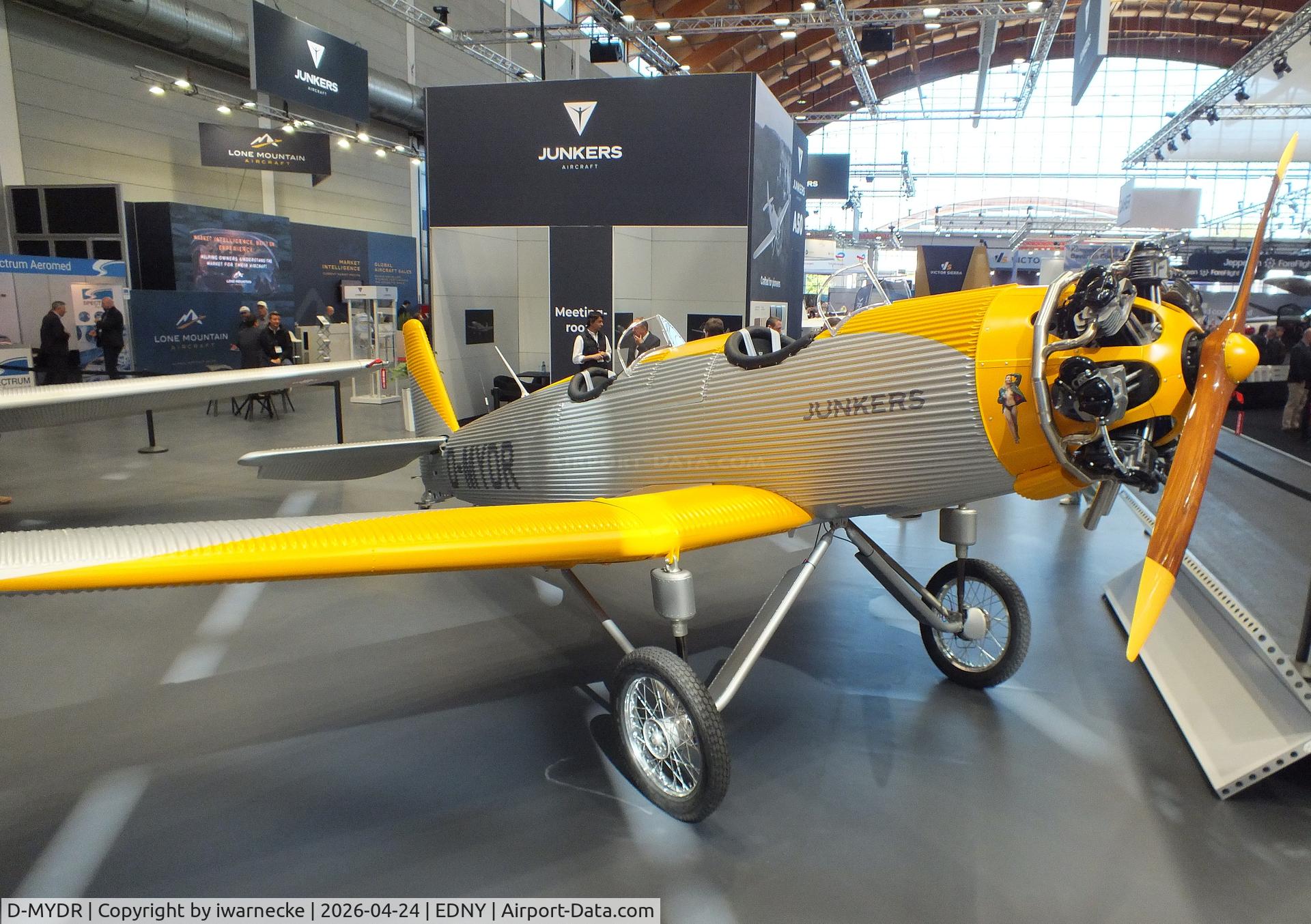 Aircraft D-MYDR, 2026 Junkers A50 Heritage, Junkers Flugzeugwerke A 50 ci Junior Heritage replica at the AERO 2026, Friedrichshafen, at EDNY, photo by iwarnecke