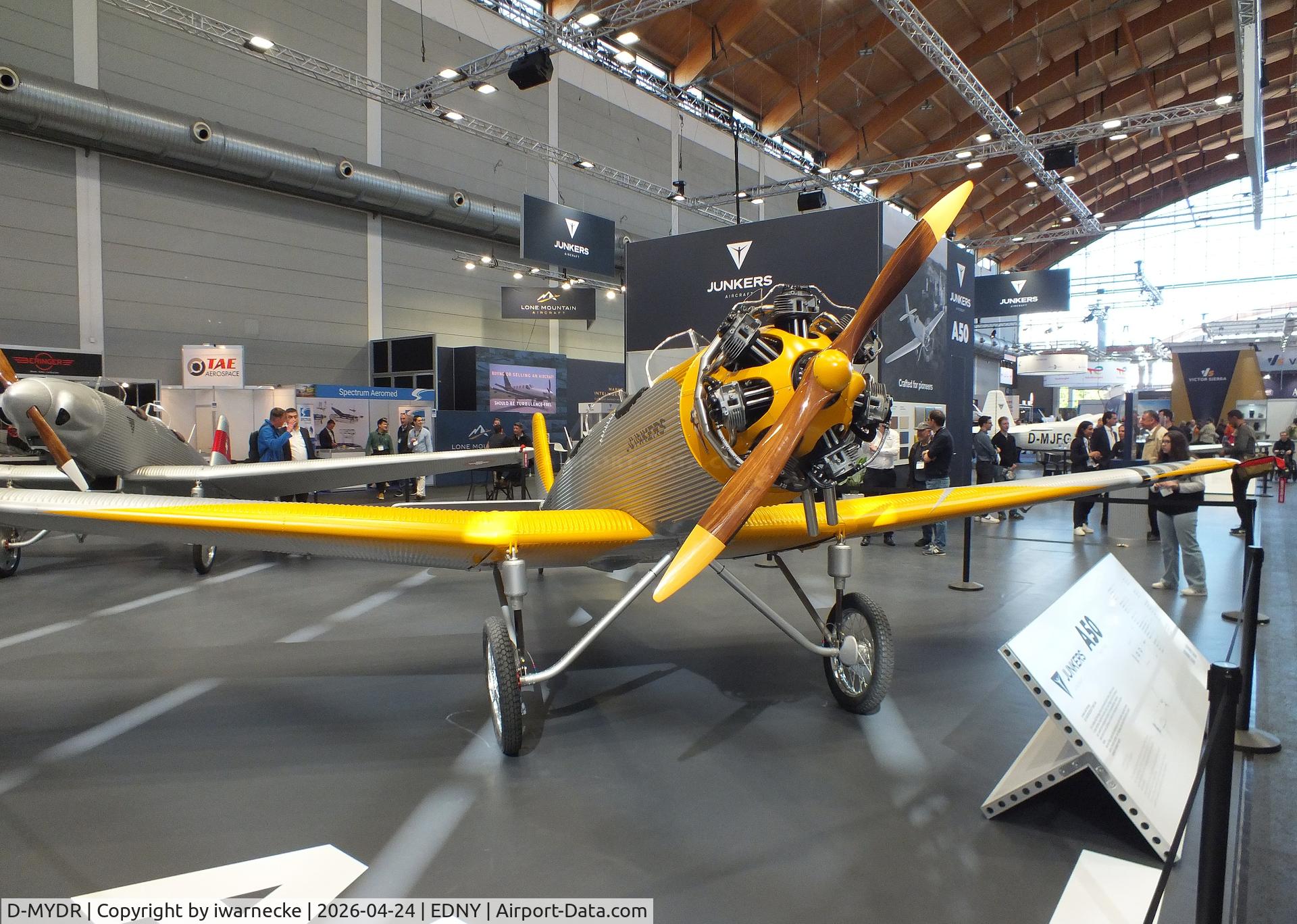 Aircraft D-MYDR, 2026 Junkers A50 Heritage, Junkers Flugzeugwerke A 50 ci Junior Heritage replica at the AERO 2026, Friedrichshafen, at EDNY, photo by iwarnecke