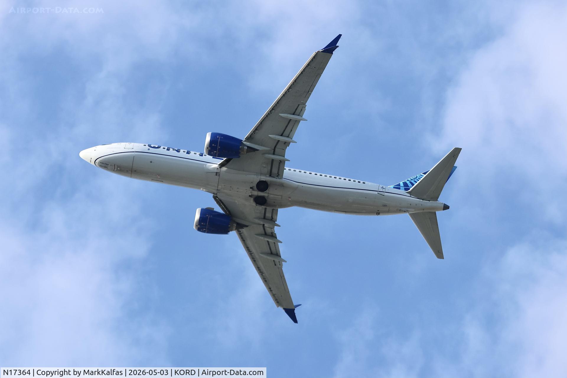 Aircraft N17364, 2025 Boeing 737-8 MAX, c/n 67637, B38M United Boeing 737 MAX 8, N17364, departing 28R KORD, at KORD, photo by MarkKalfas