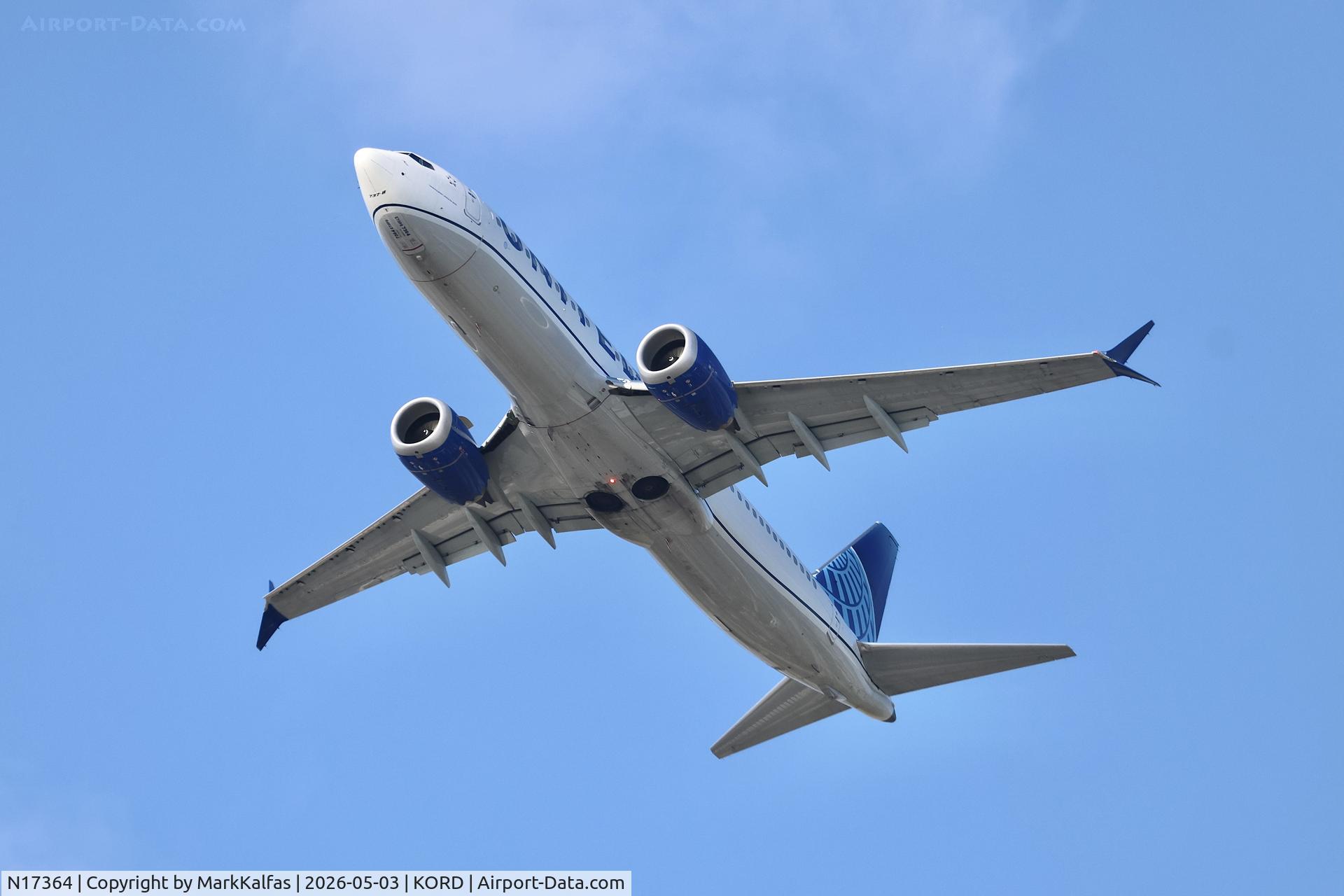 Aircraft N17364, 2025 Boeing 737-8 MAX, c/n 67637, B38M United Boeing 737 MAX 8, N17364, departing 28R KORD, at KORD, photo by MarkKalfas