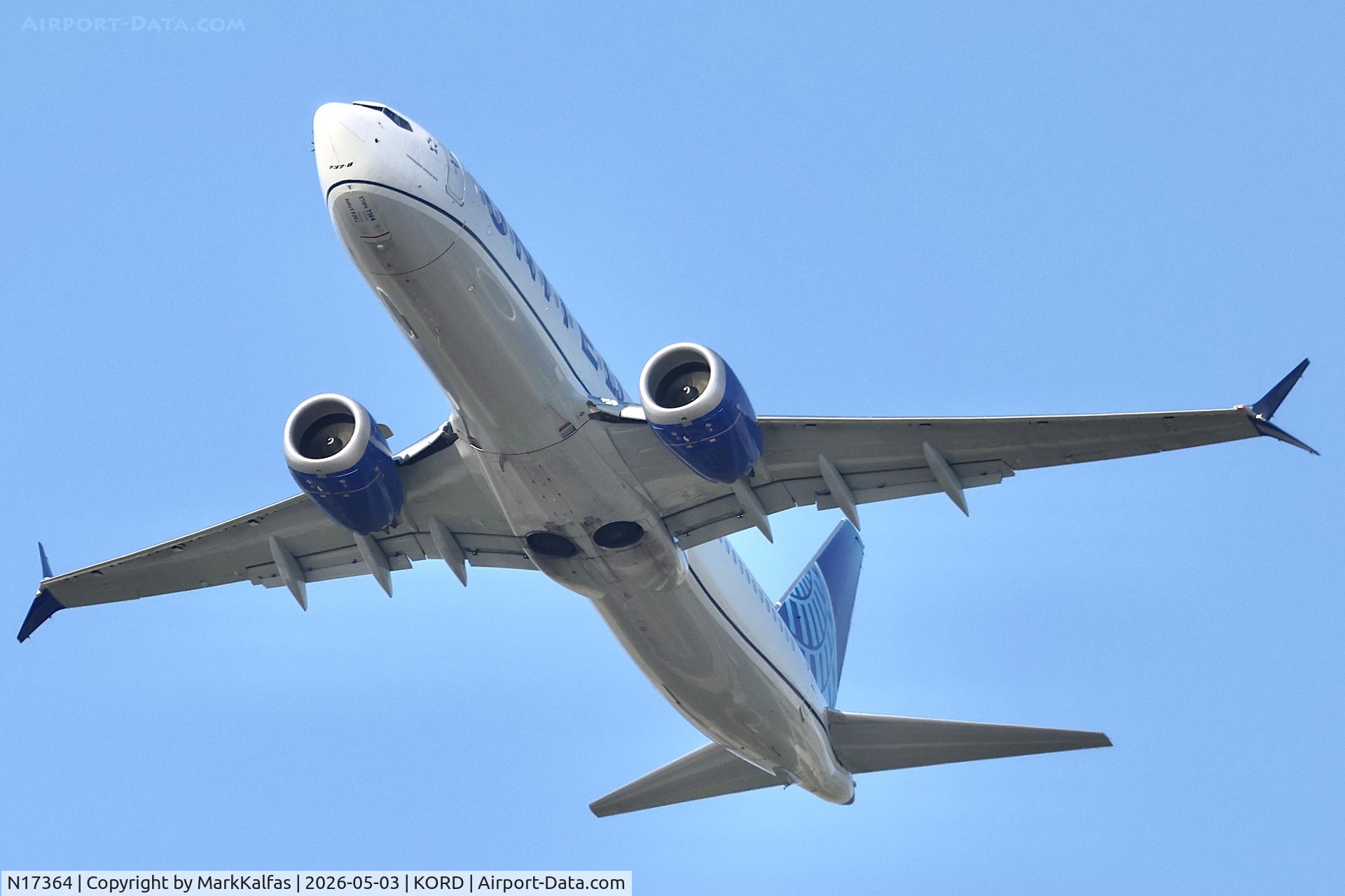 Aircraft N17364, 2025 Boeing 737-8 MAX, c/n 67637, B38M United Boeing 737 MAX 8, N17364, departing 28R KORD, at KORD, photo by MarkKalfas
