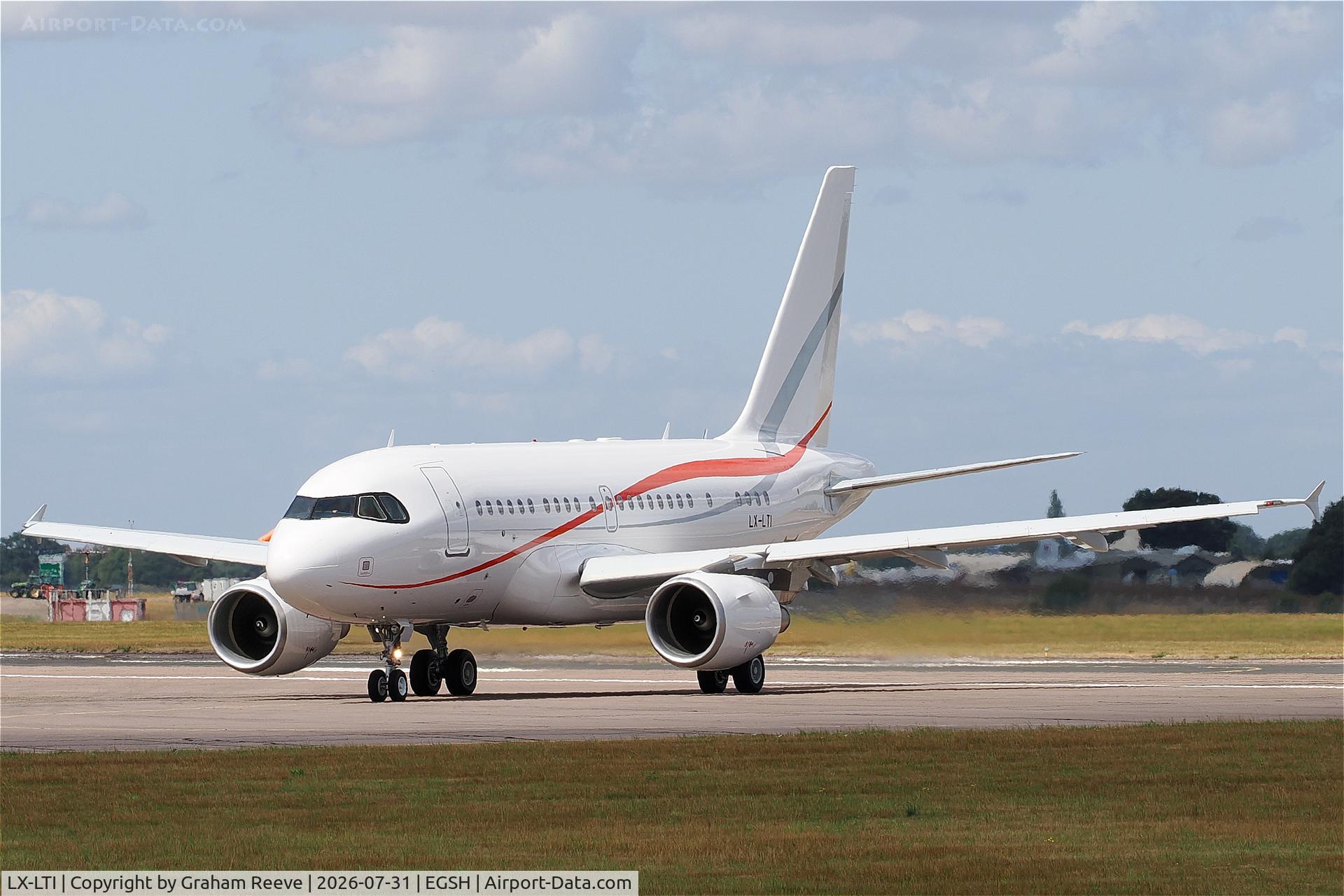 Aircraft LX-LTI, 2010 Airbus A318-112CJ Elite, c/n 4169, Departing from Norwich., at EGSH, photo by Graham Reeve