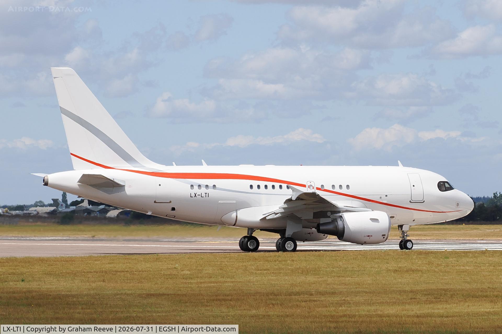 Aircraft LX-LTI, 2010 Airbus A318-112CJ Elite, c/n 4169, Departing from Norwich., at EGSH, photo by Graham Reeve