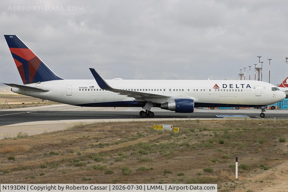 Aircraft N193DN, 1997 Boeing 767-332, c/n 28450, Park 9, at LMML, photo by Roberto Cassar