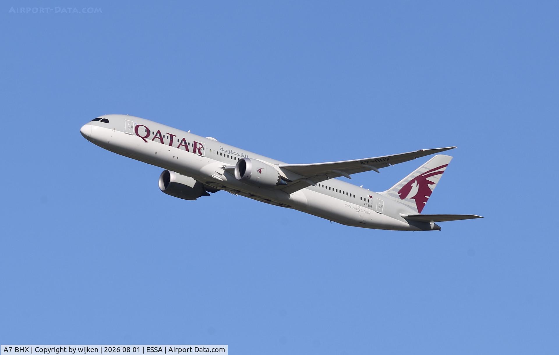 Aircraft A7-BHX, 2025 Boeing B787-9, c/n 64235 l/n 1252, Rwy 19R, at ESSA, photo by wijken