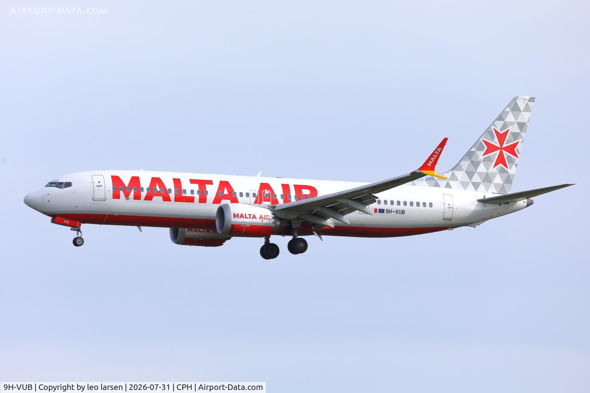 Aircraft 9H-VUB, 2021 Boeing 737-8-200 MAX, c/n 65877 l/n 8013, Copenhagen 31.7.2026, at CPH, photo by leo larsen