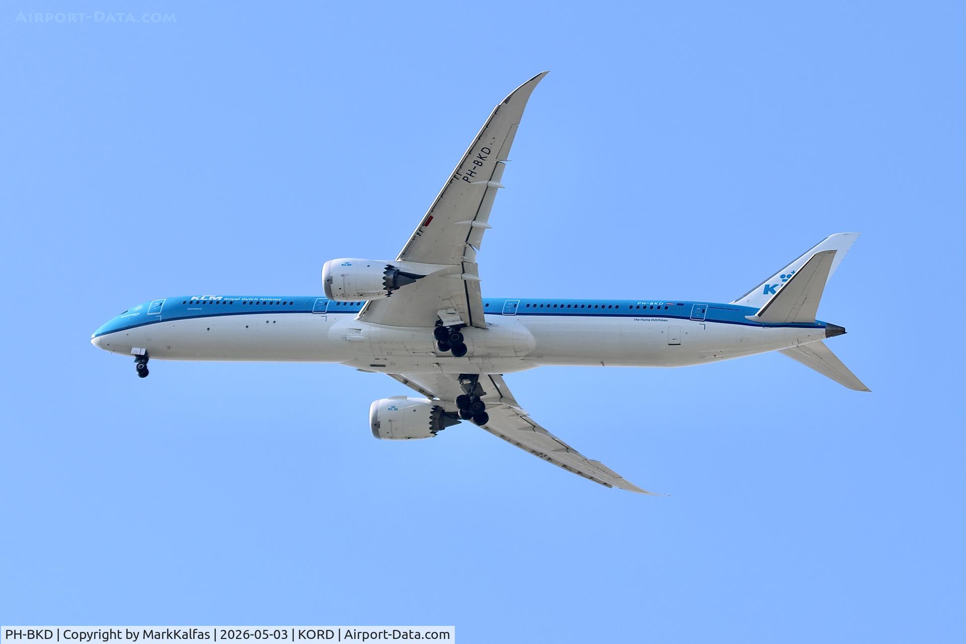Aircraft PH-BKD, 2019 Boeing 787-10 Dreamliner, c/n 42492, B78X KLM Boeing 787-10 Dreamliner PH-BKD departing 28R KORD with hot brakes after departure., at KORD, photo by MarkKalfas