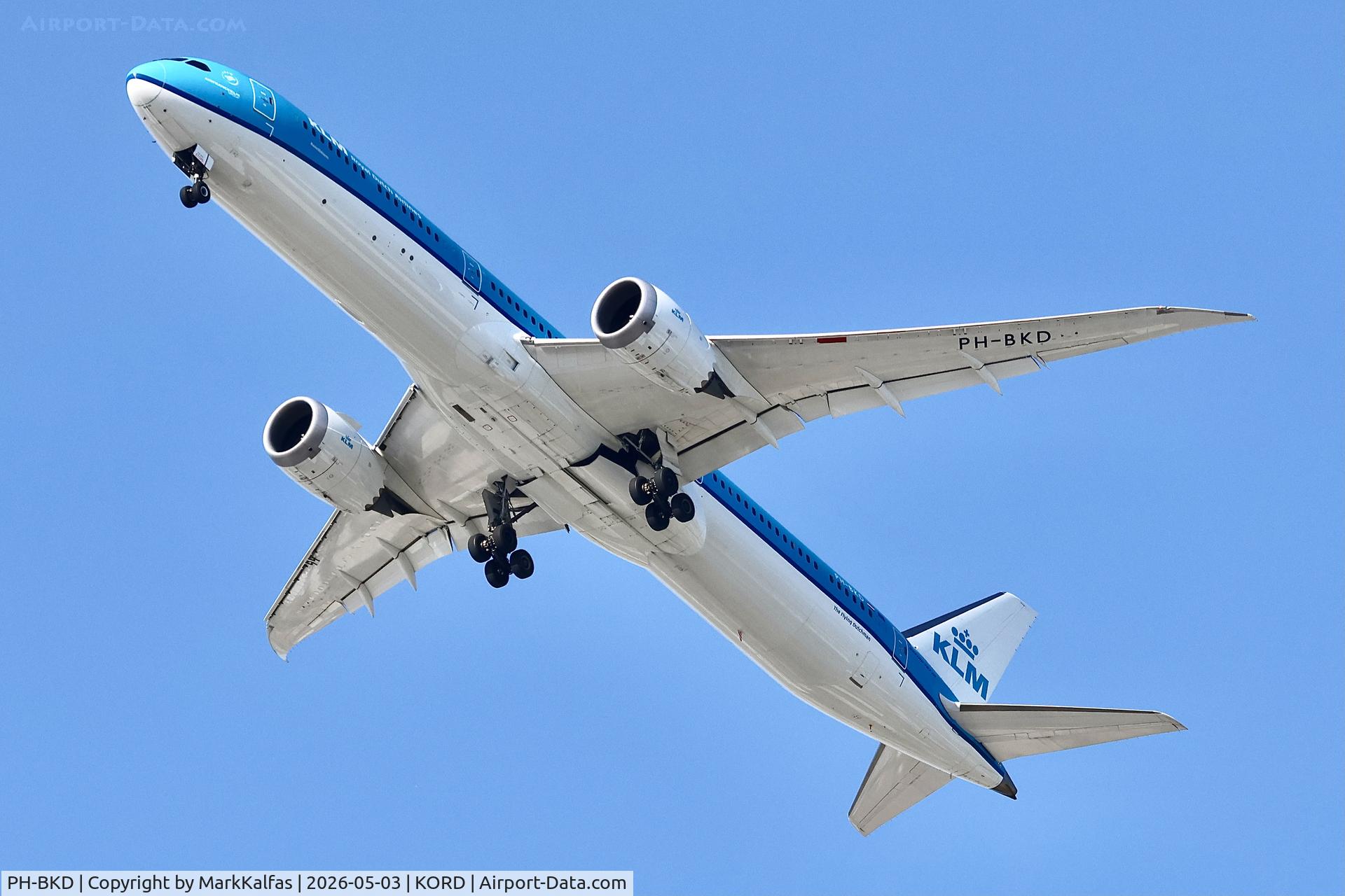 Aircraft PH-BKD, 2019 Boeing 787-10 Dreamliner, c/n 42492, B78X KLM Boeing 787-10 Dreamliner PH-BKD departing 28R KORD with hot brakes after departure., at KORD, photo by MarkKalfas
