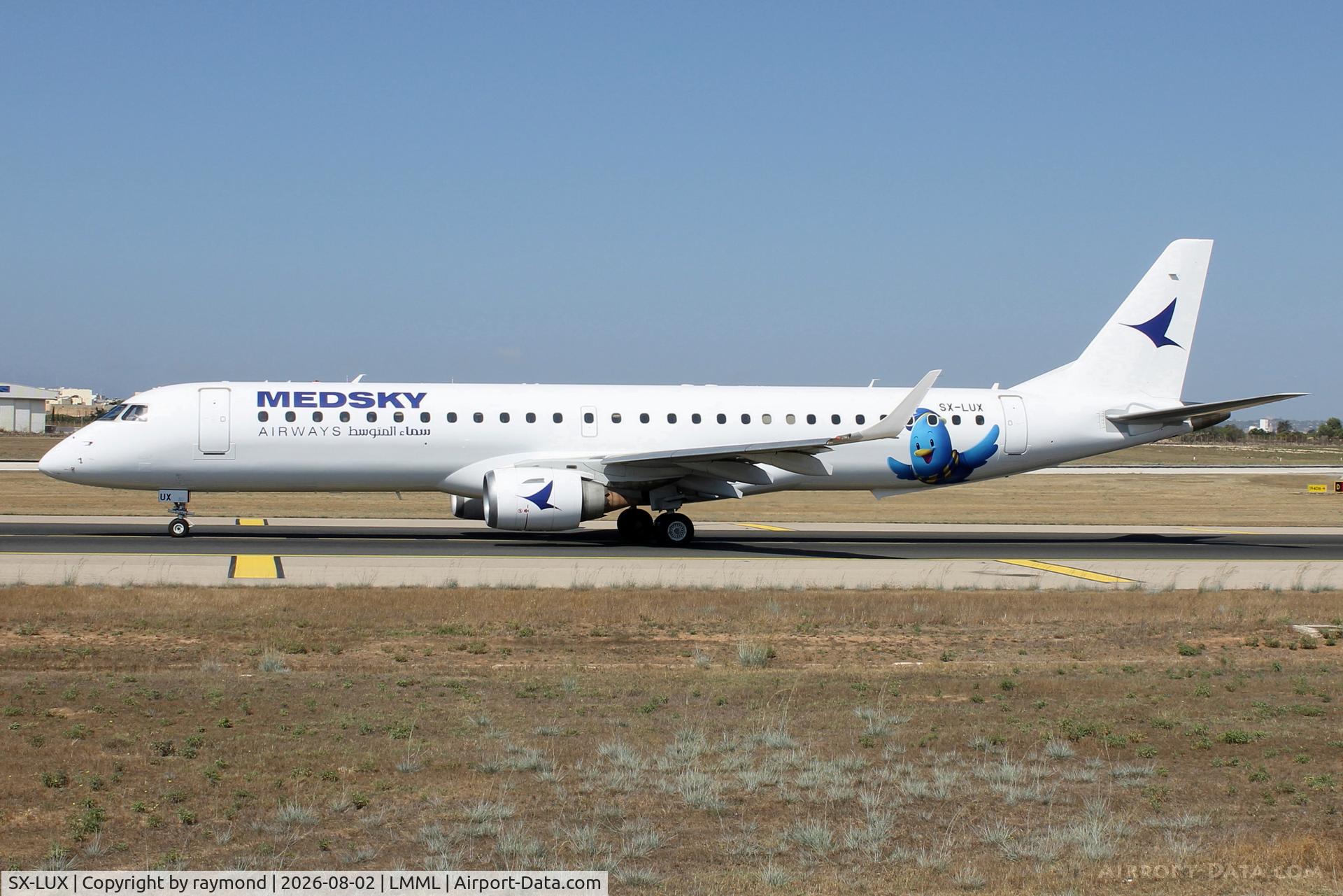 Aircraft SX-LUX, 2026 Embraer E195-E2, c/n 19020225, MedSky Embraer E195LR reg SX-LUX taxiing out for departure from Malta to Tripoli., at LMML, photo by raymond