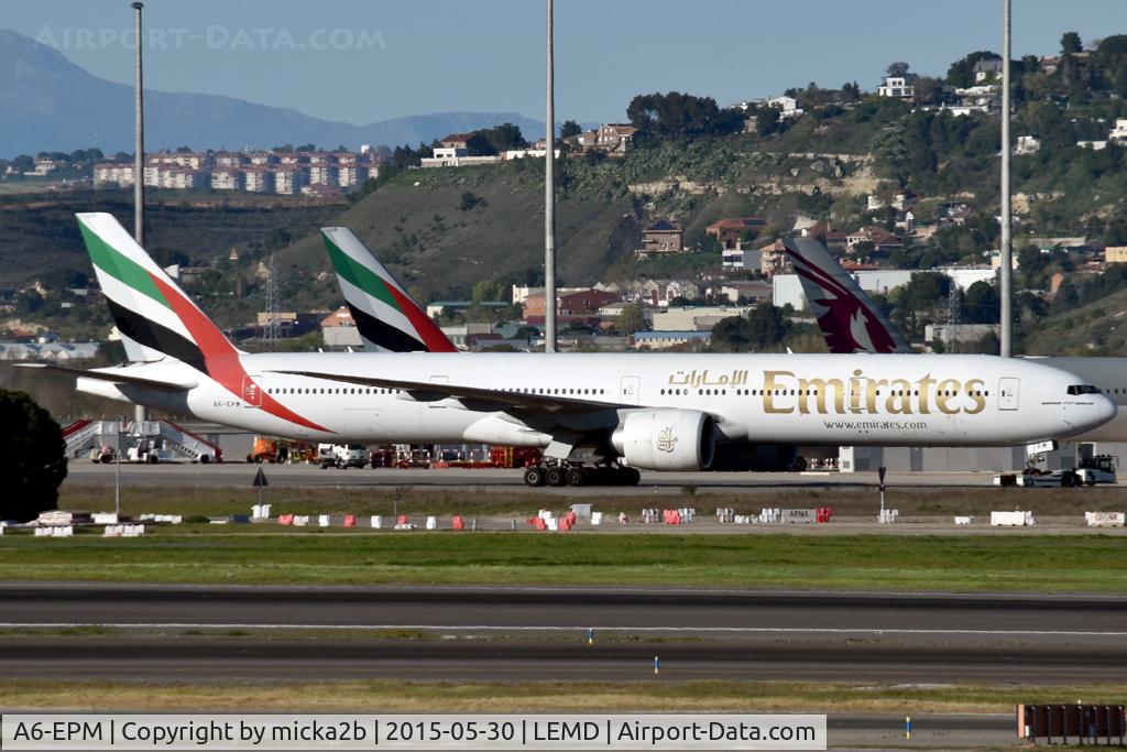 Aircraft A6-EPM, 2016 Boeing 777-31H/ER, c/n 42332 l/n 1397, Taxiing, at LEMD, photo by micka2b