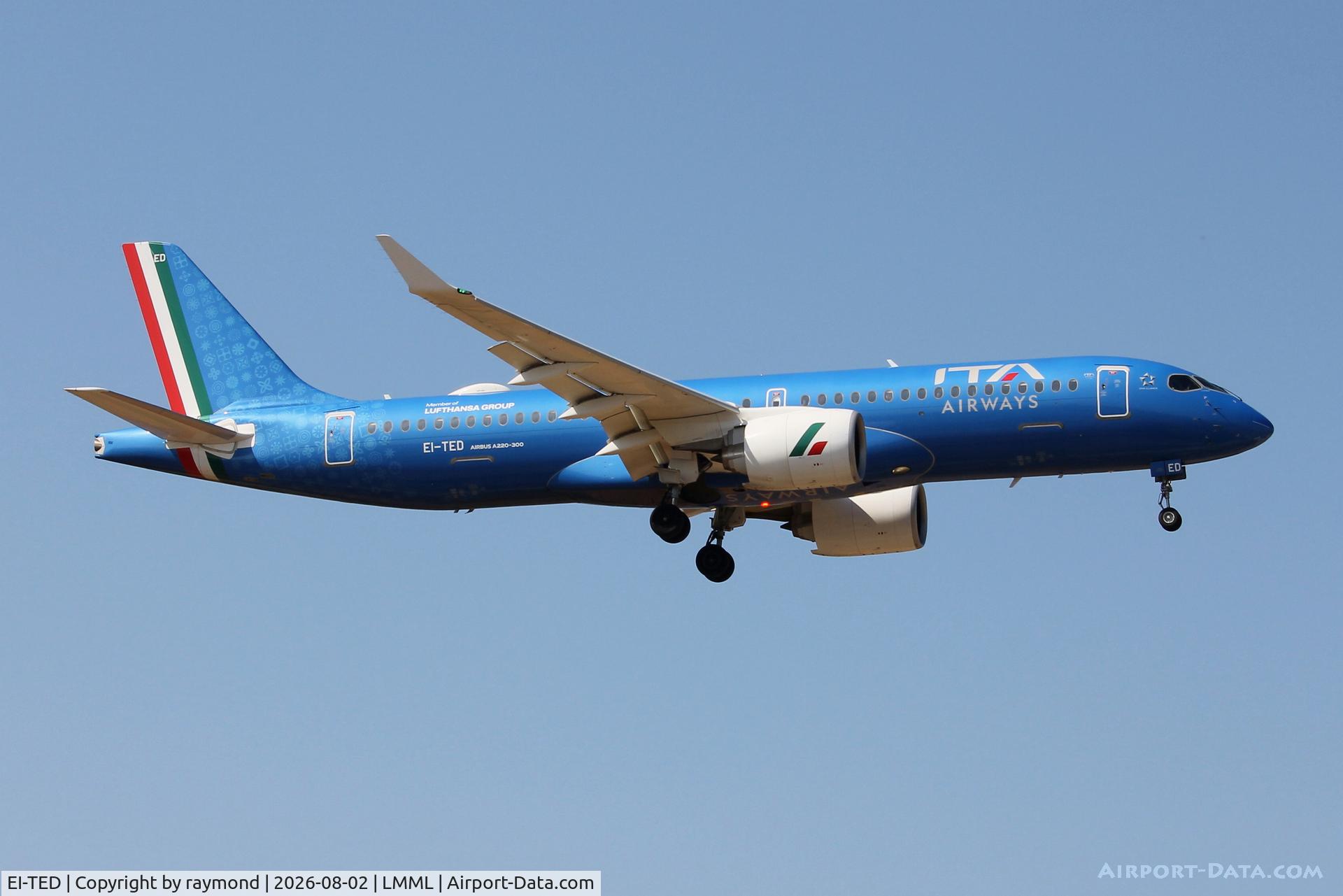 Aircraft EI-TED, 2025 Airbus A220-300, c/n 55419, Airbus A220-300 EI-TED of ITA approaching RW31 Malta., at LMML, photo by raymond