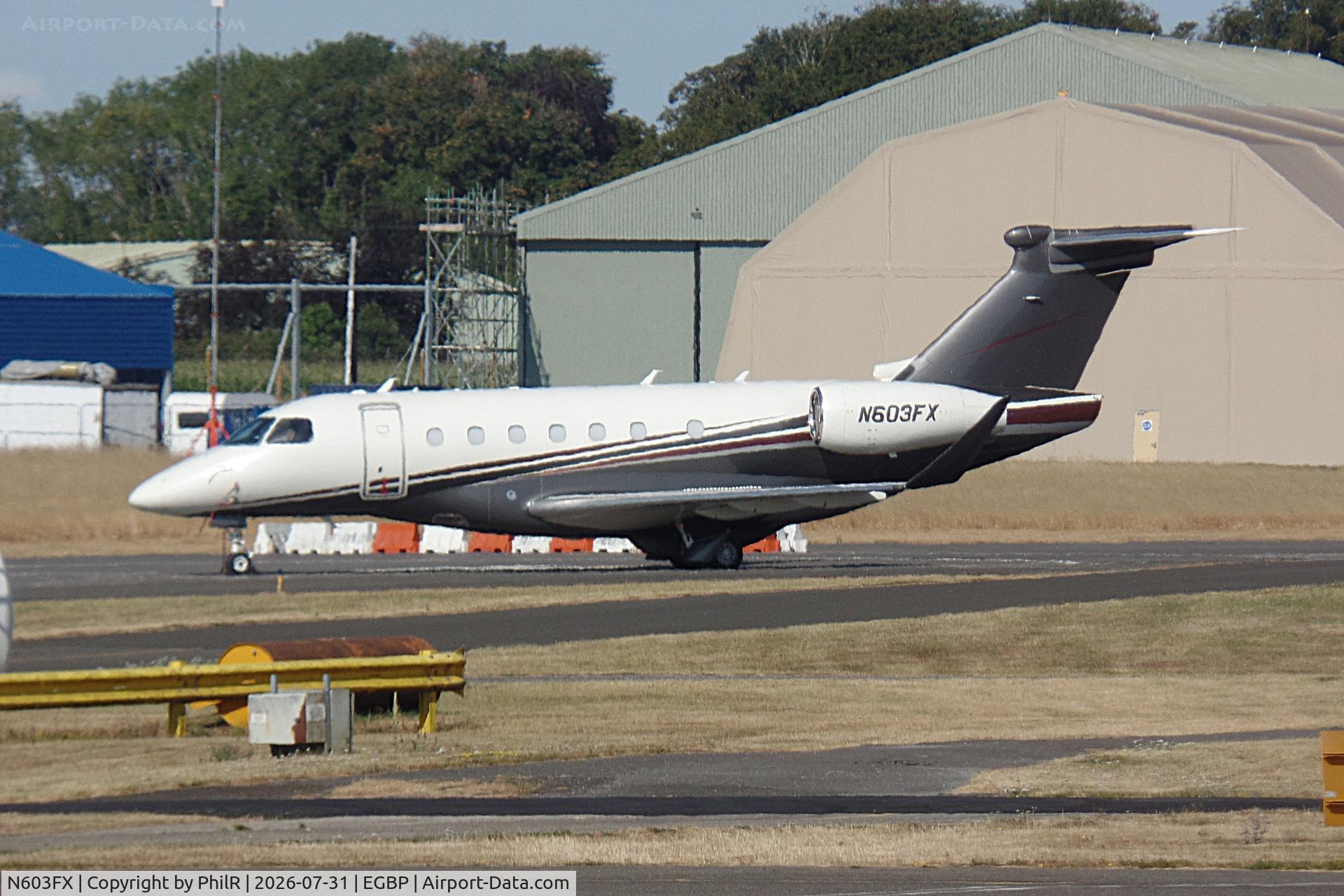 Aircraft N603FX, 2023 Embraer EMB-550 Praetor 600, c/n 55020185, N603FX 2023 Embraer EMB-550 Praetor 600 Kemble, at EGBP, photo by PhilR