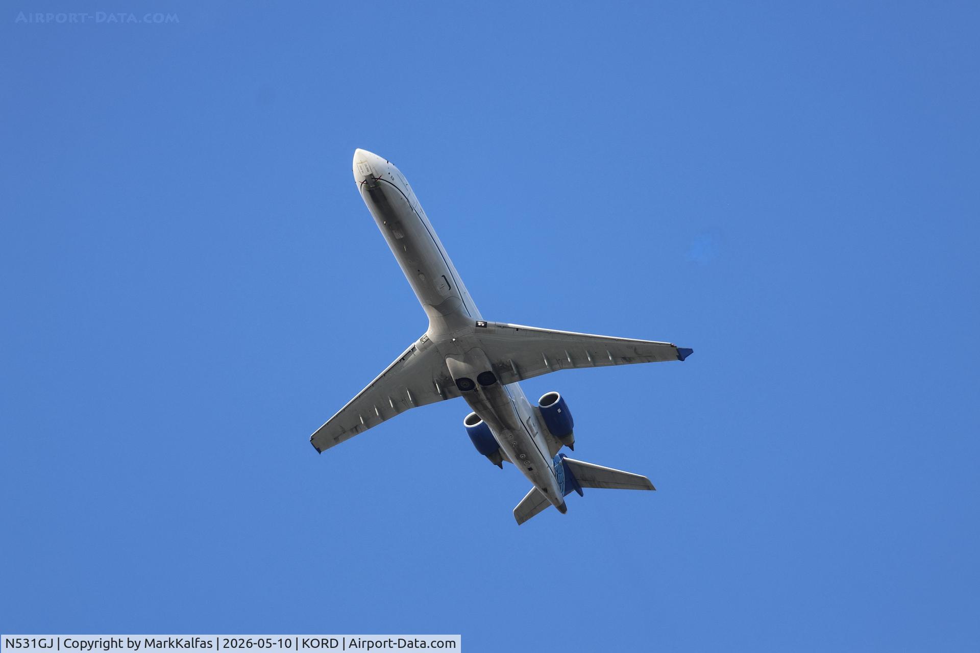 Aircraft N531GJ, 2005 Bombardier CRJ-702 (CL-600-2C10) Regional Jet, c/n 10218, CRJ7 GoJet/United Express Bombardier CRJ 550, N531GJ departing 28R KORD, at KORD, photo by MarkKalfas