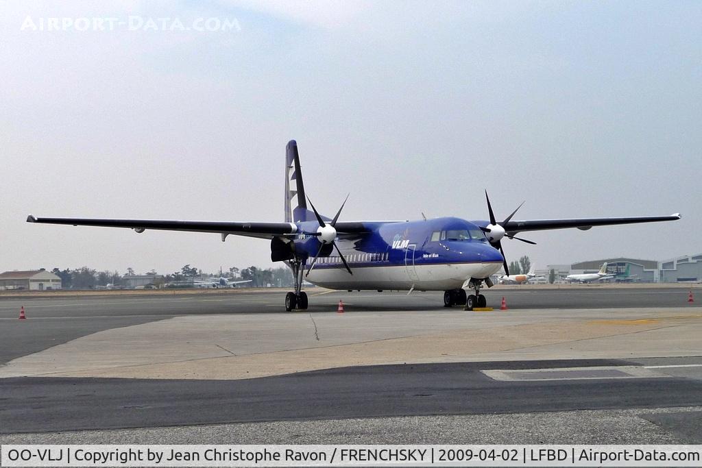 Aircraft OO-VLJ, 1987 Fokker 50, c/n 20105, "Isle of Man" VLM Airlines, at LFBD, photo by Jean Christophe Ravon / FRENCHSKY