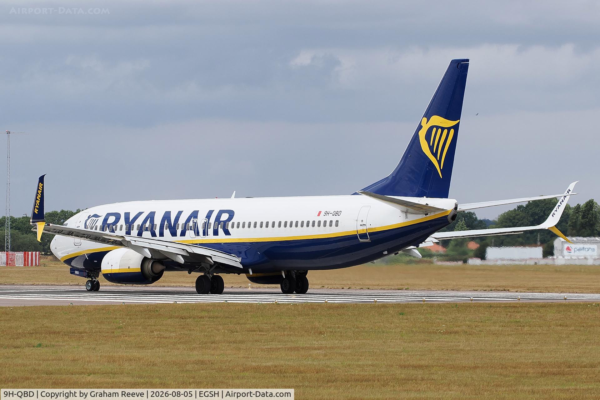 Aircraft 9H-QBD, 2015 Boeing 737-8AS, c/n 61579, Departing from Norwich., at EGSH, photo by Graham Reeve