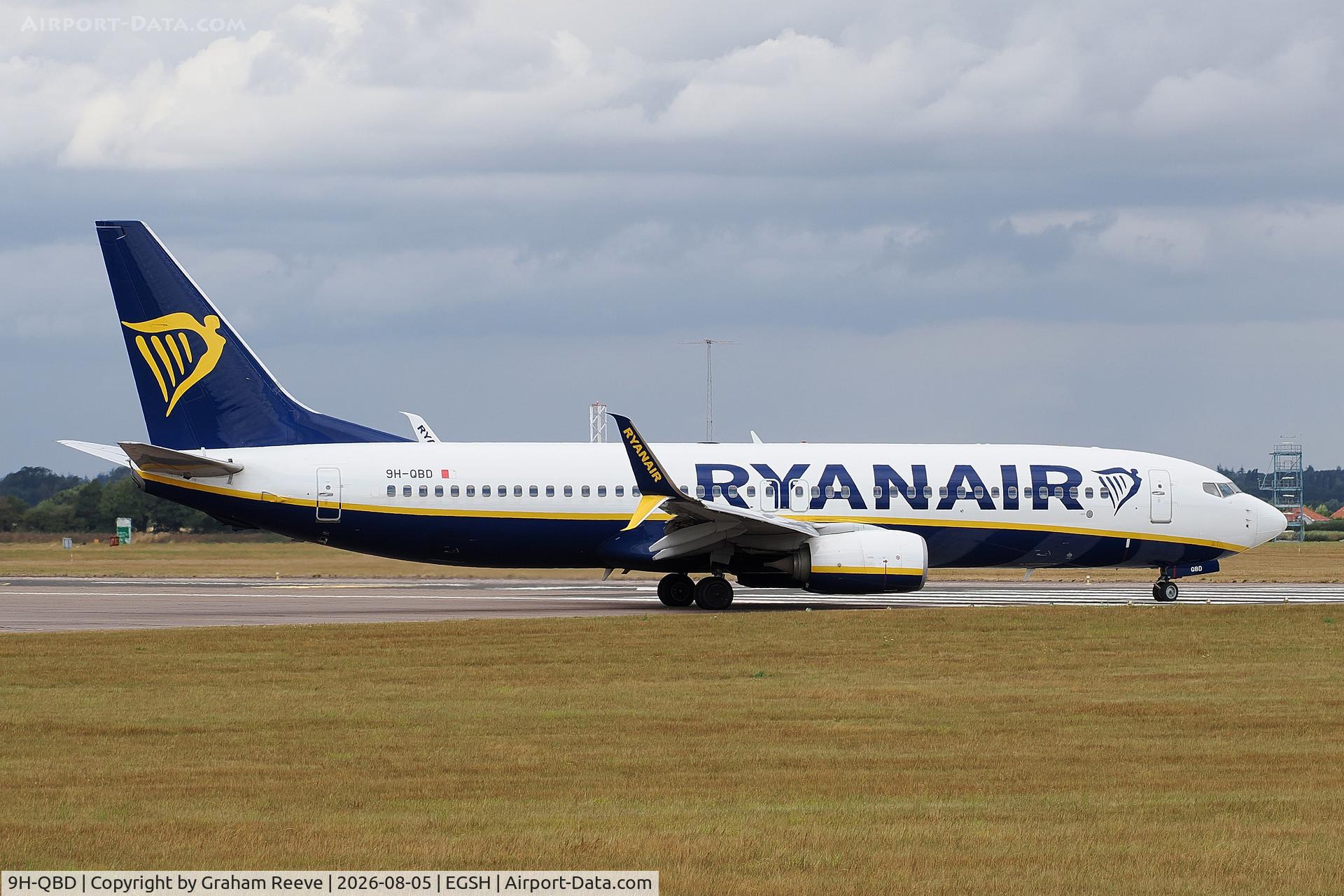 Aircraft 9H-QBD, 2015 Boeing 737-8AS, c/n 61579, Departing from Norwich., at EGSH, photo by Graham Reeve