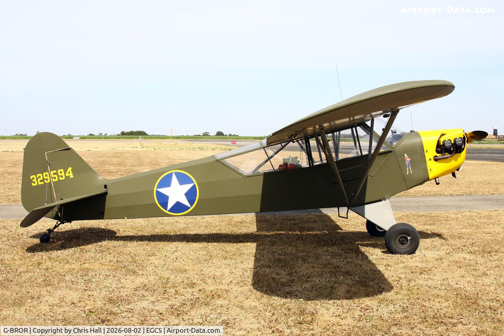 Aircraft G-BROR, 1943 Piper L-4H Grasshopper (J3C-65D), c/n 10885, Sturgate 02/08/26, at EGCS, photo by Chris Hall