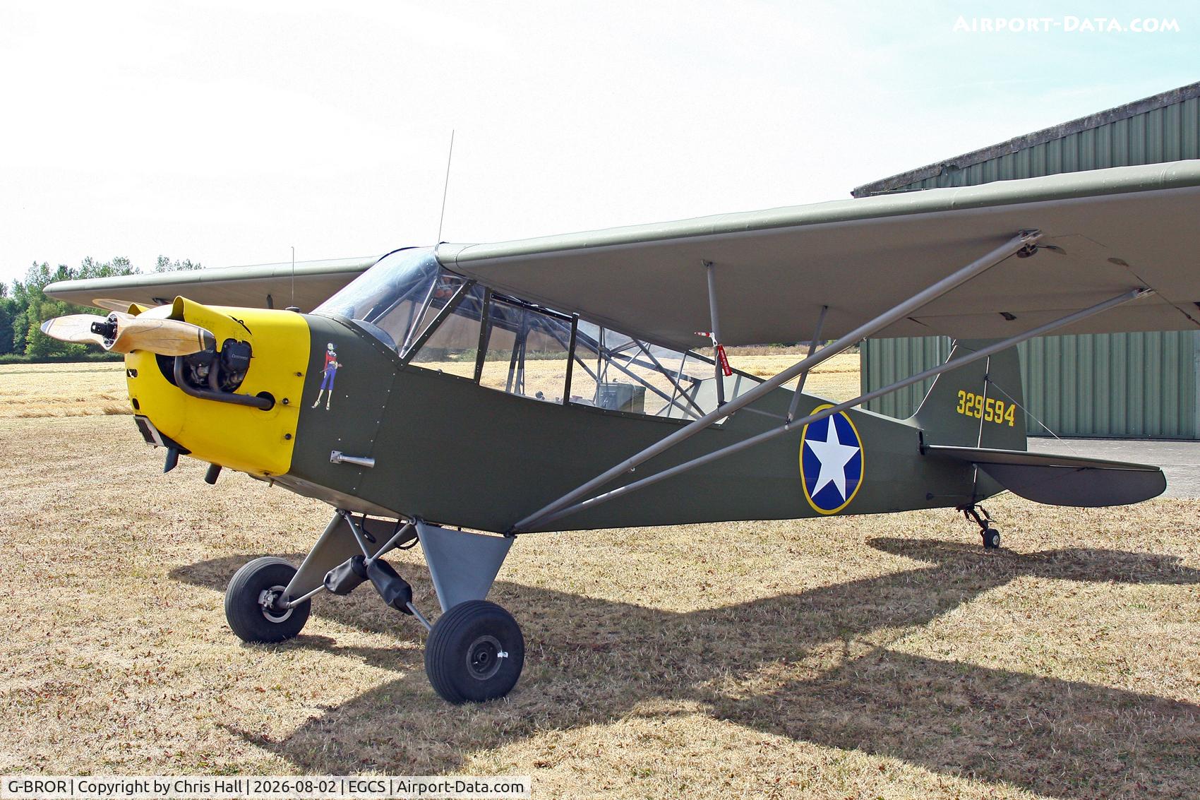 Aircraft G-BROR, 1943 Piper L-4H Grasshopper (J3C-65D), c/n 10885, Sturgate 02/08/26, at EGCS, photo by Chris Hall