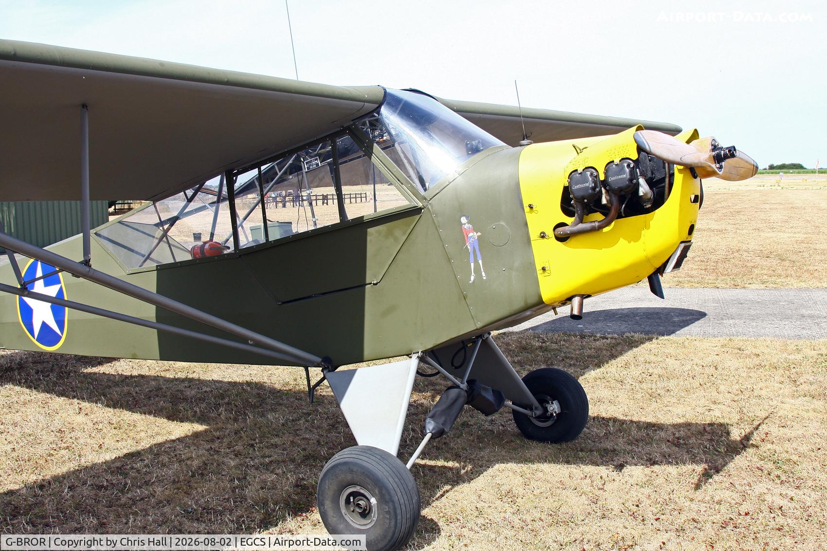 Aircraft G-BROR, 1943 Piper L-4H Grasshopper (J3C-65D), c/n 10885, Sturgate 02/08/26, at EGCS, photo by Chris Hall
