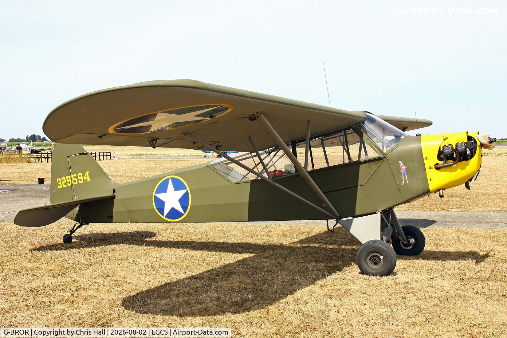Aircraft G-BROR, 1943 Piper L-4H Grasshopper (J3C-65D), c/n 10885, Sturgate 02/08/26, at EGCS, photo by Chris Hall