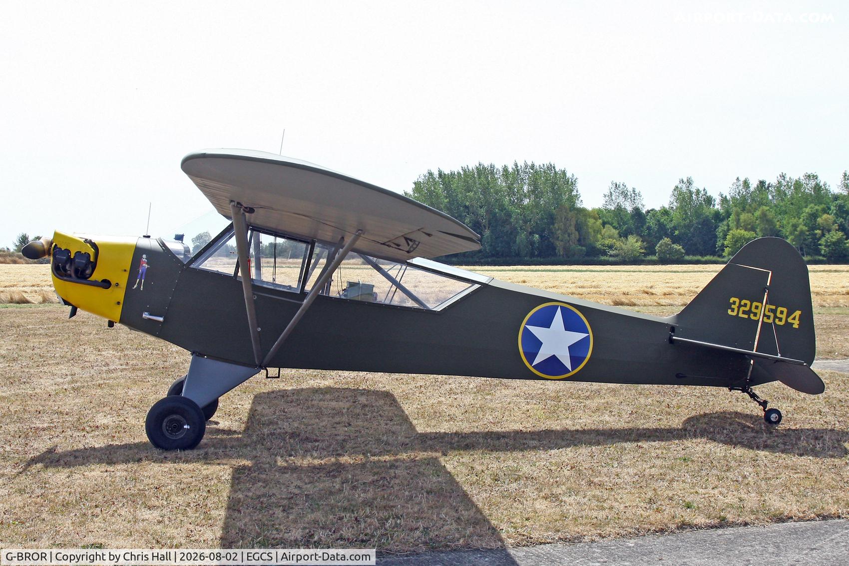 Aircraft G-BROR, 1943 Piper L-4H Grasshopper (J3C-65D), c/n 10885, Sturgate 02/08/26, at EGCS, photo by Chris Hall
