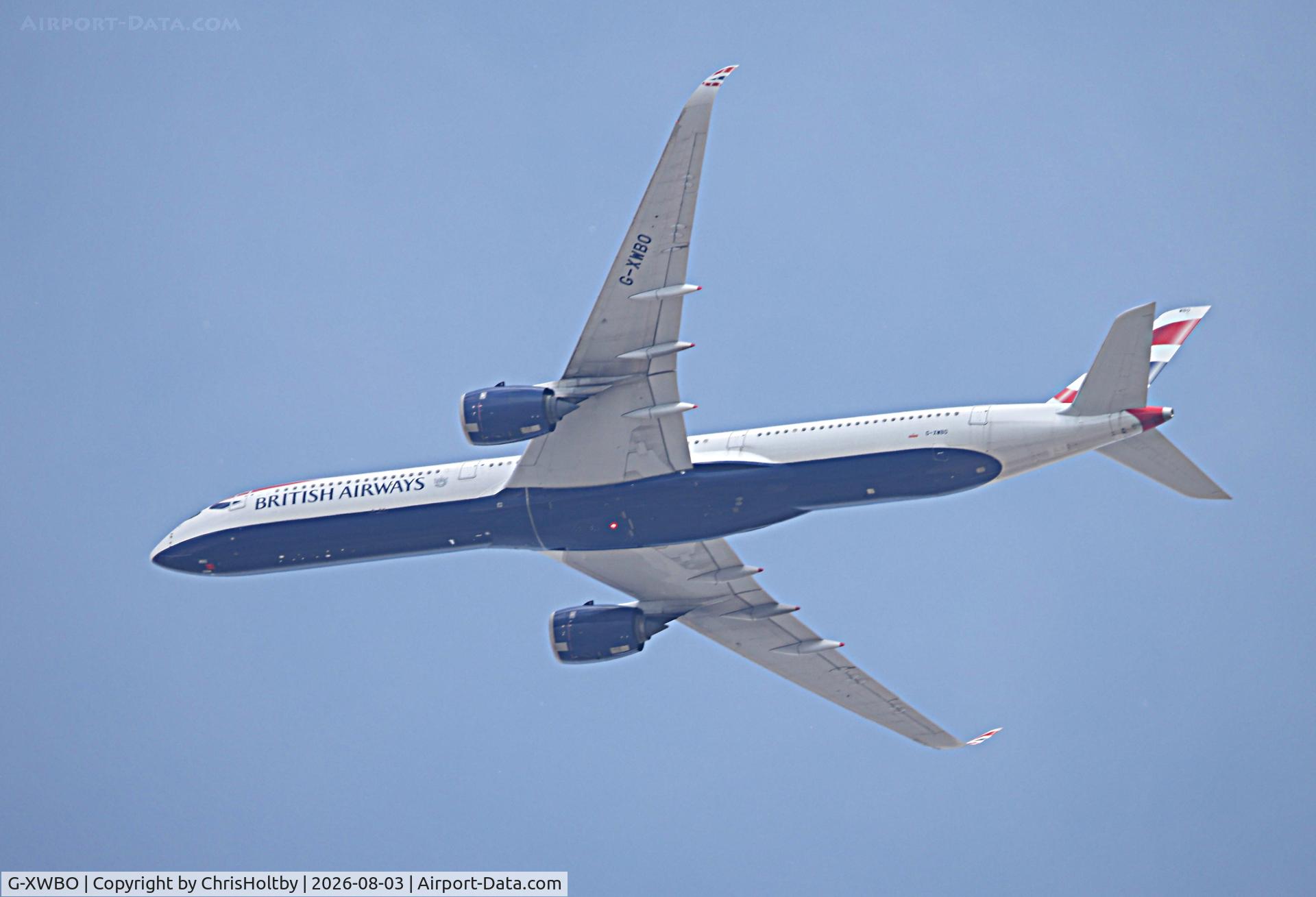 Aircraft G-XWBO, 2023 Airbus A350-1041, c/n 617, Over Potters Bar, Herts, photo by ChrisHoltby