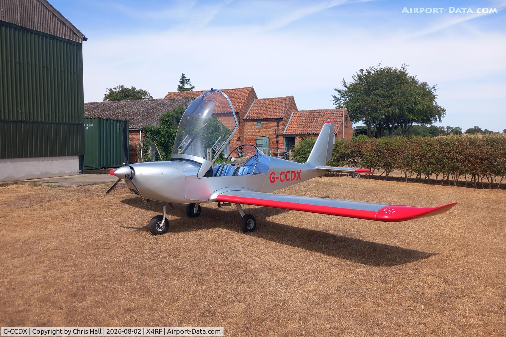 Aircraft G-CCDX, 2003 Aerotechnik EV-97 Eurostar, c/n PFA 315-14013, At Rectory Farm airstrip in my EV-97 Eurostar, 02/08/26, at X4RF, photo by Chris Hall