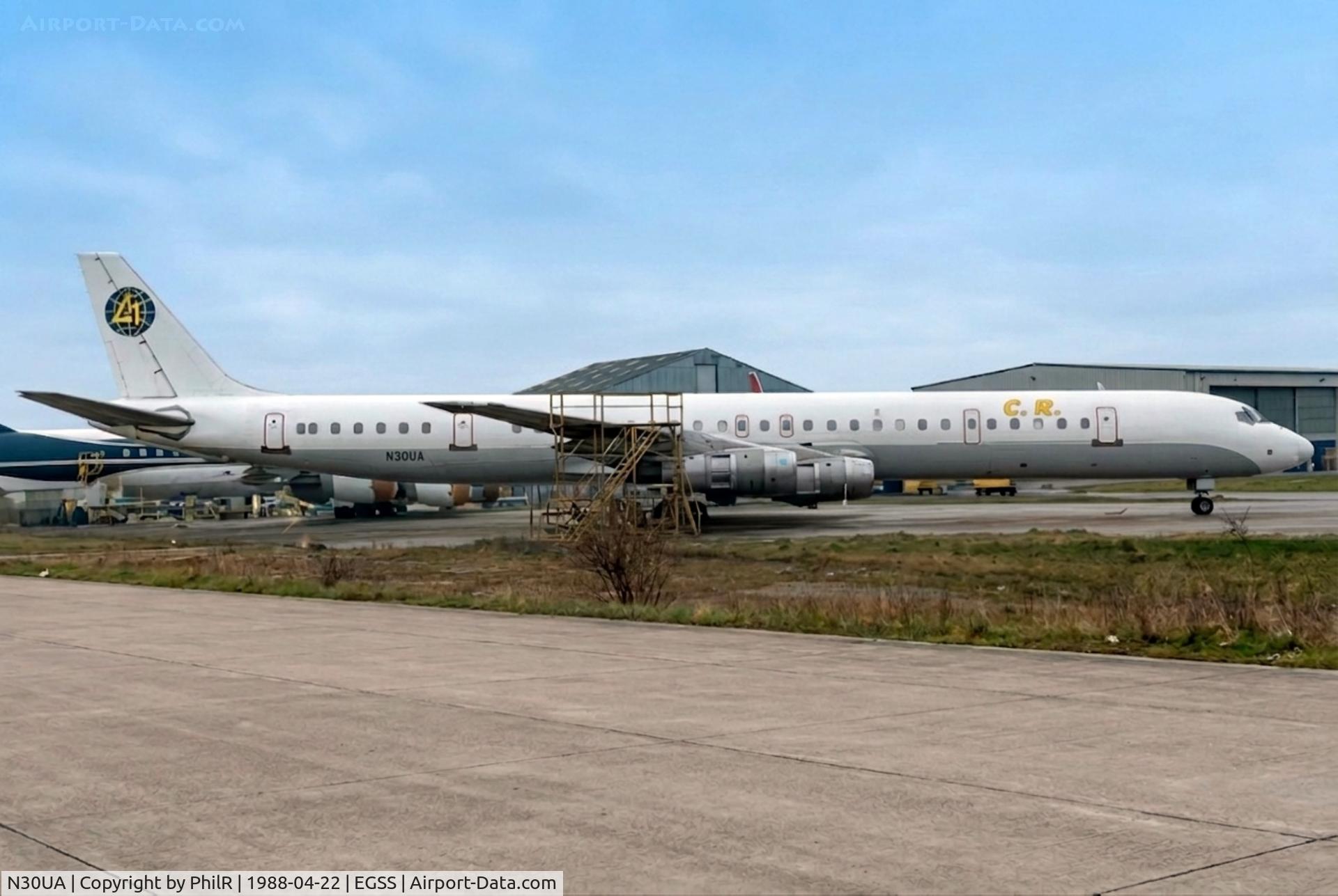 Aircraft N30UA, 1967 Douglas DC-8-61F, c/n 45888, N30UA 1967 DC-61F CTA STN, at EGSS, photo by PhilR