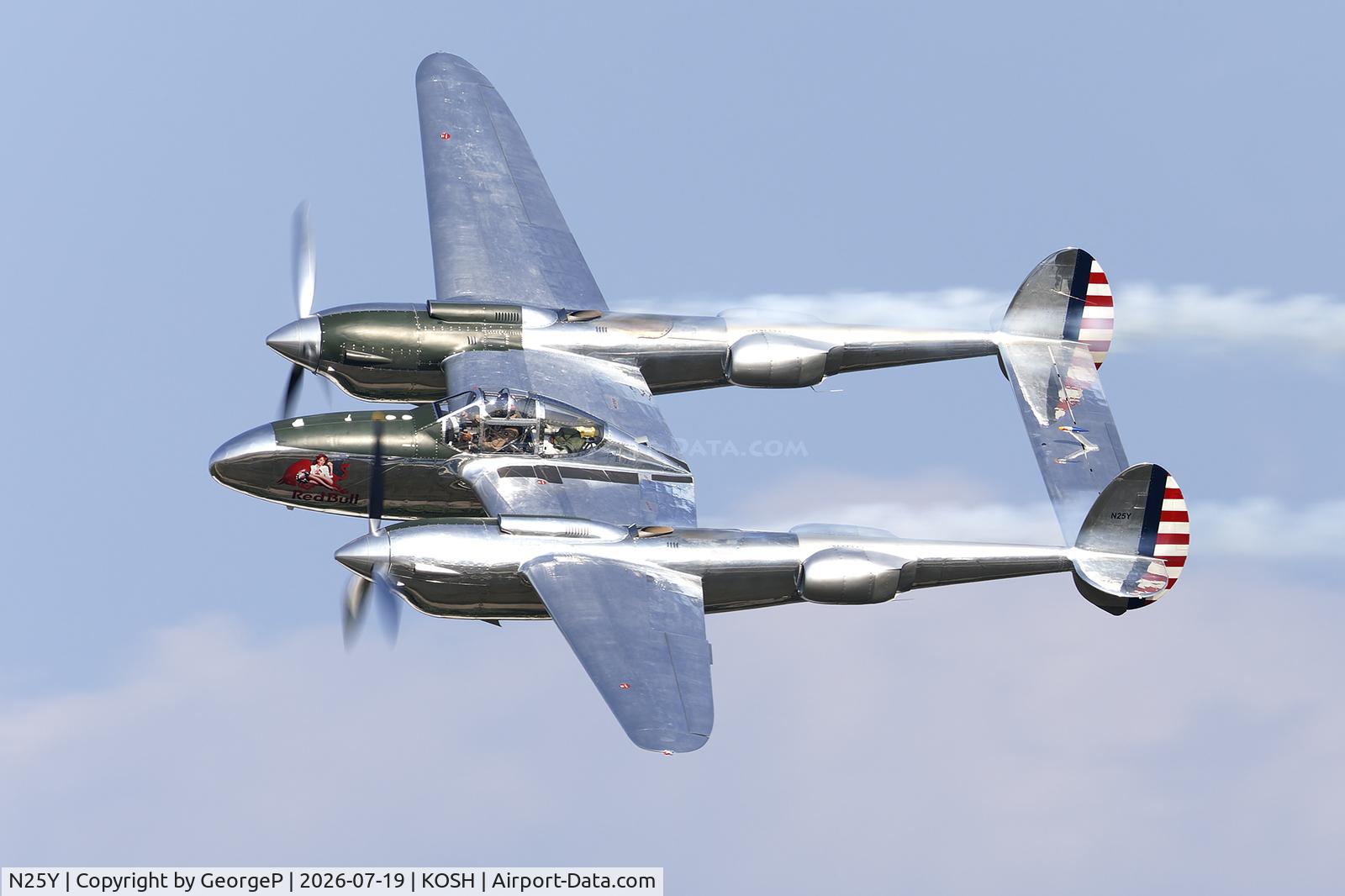 Aircraft N25Y, 1944 Lockheed P-38L-5LO Lightning, c/n AF44-53254, Airventure 2026., at KOSH, photo by GeorgeP