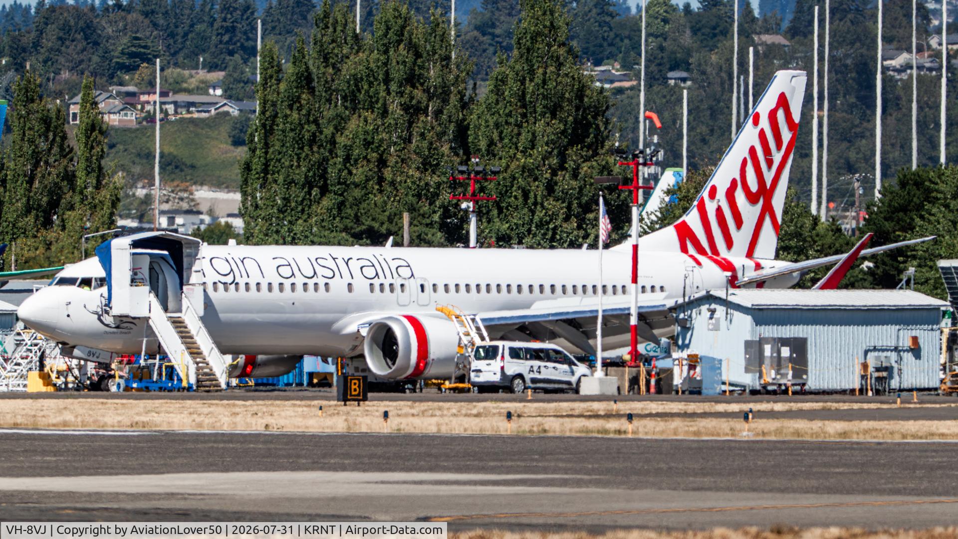 Aircraft VH-8VJ, 2026 Boeing 737-8 MAX, c/n 67048 l/n 9794, Virgin Australia MAX 8, at KRNT, photo by AviationLover50
