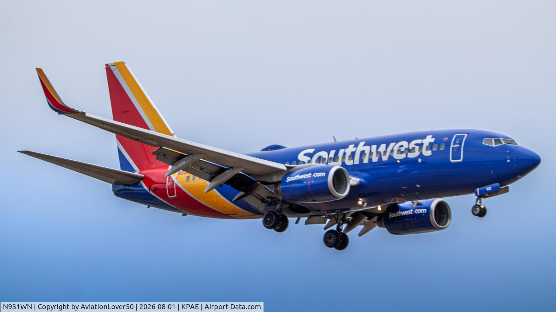 Aircraft N931WN, 2009 Boeing 737-7H4, c/n 36637 l/n 2799, Southwest 737, at KPAE, photo by AviationLover50