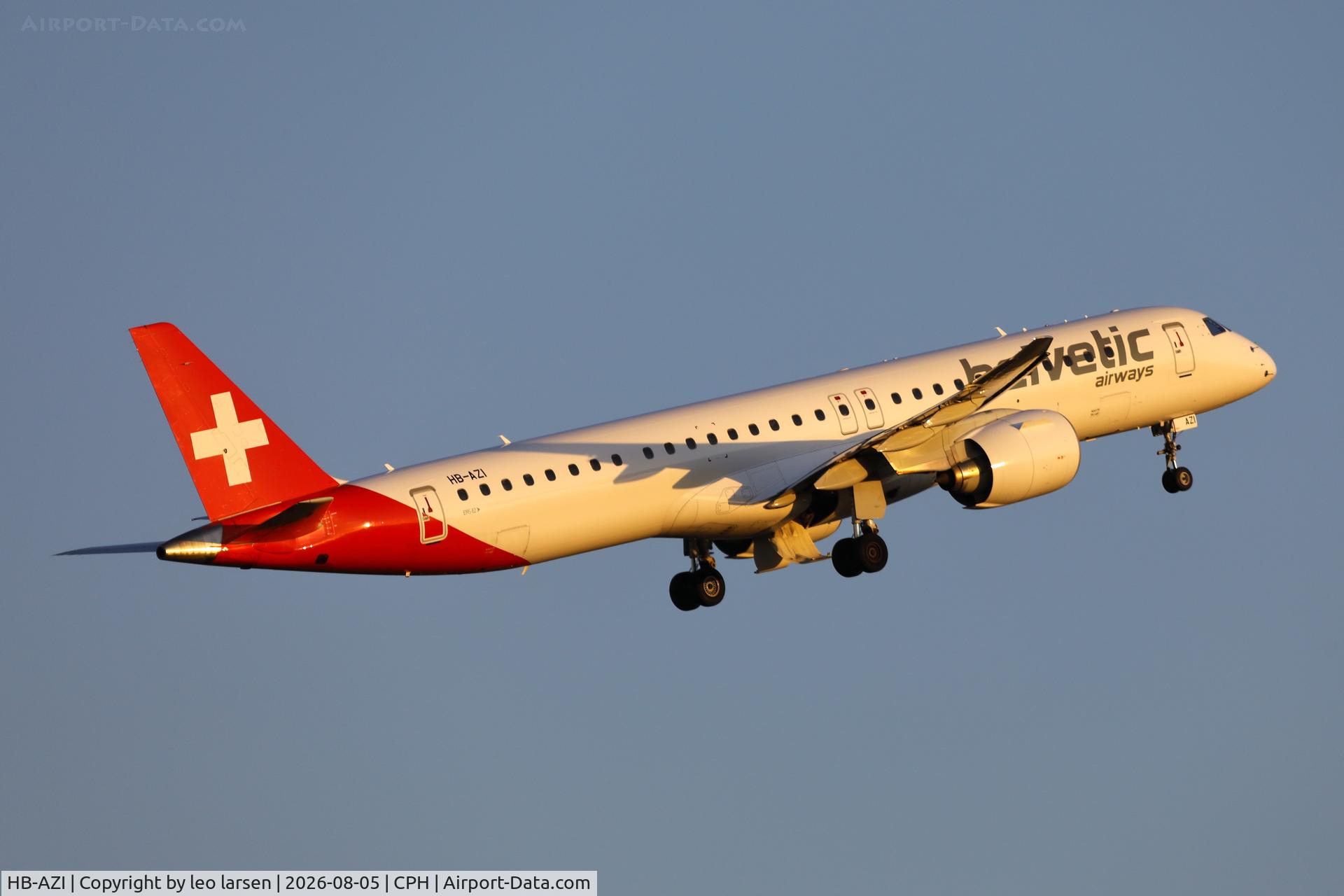 Aircraft HB-AZI, 2021 Embraer E195-E2 (ERJ-190-400STD), c/n 19020055, Copenhagen 5.8.2026, at CPH, photo by leo larsen