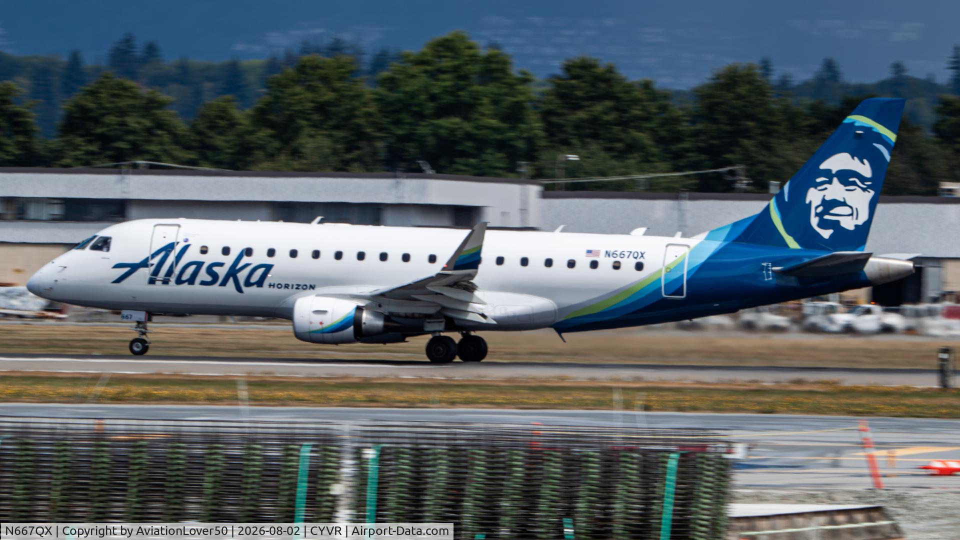 Aircraft N667QX, 2025 Embraer 175LR (ERJ-170-200LR), c/n 17000989, Alaska Horizon E175LR, at CYVR, photo by AviationLover50