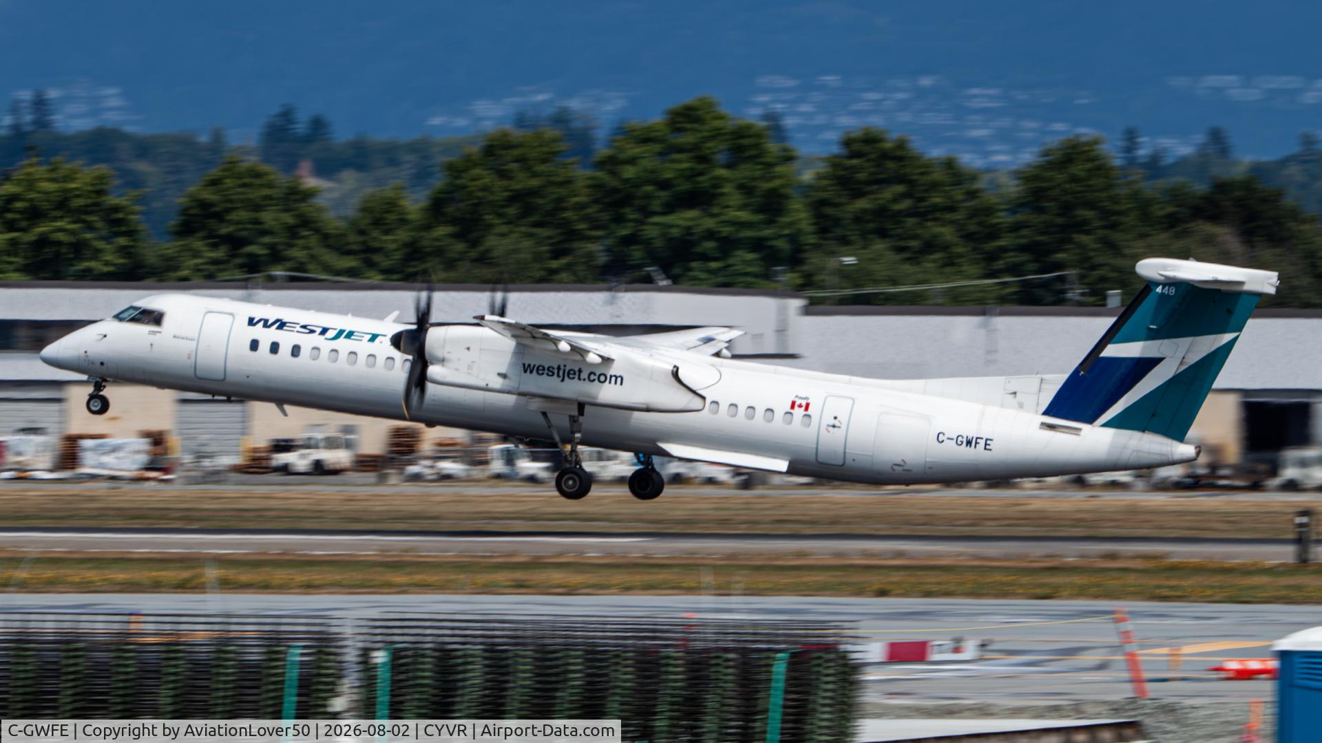 Aircraft C-GWFE, 2016 De Havilland Canada DHC-8-402 Dash 8, c/n 4568, WestJet Encore Q400, at CYVR, photo by AviationLover50