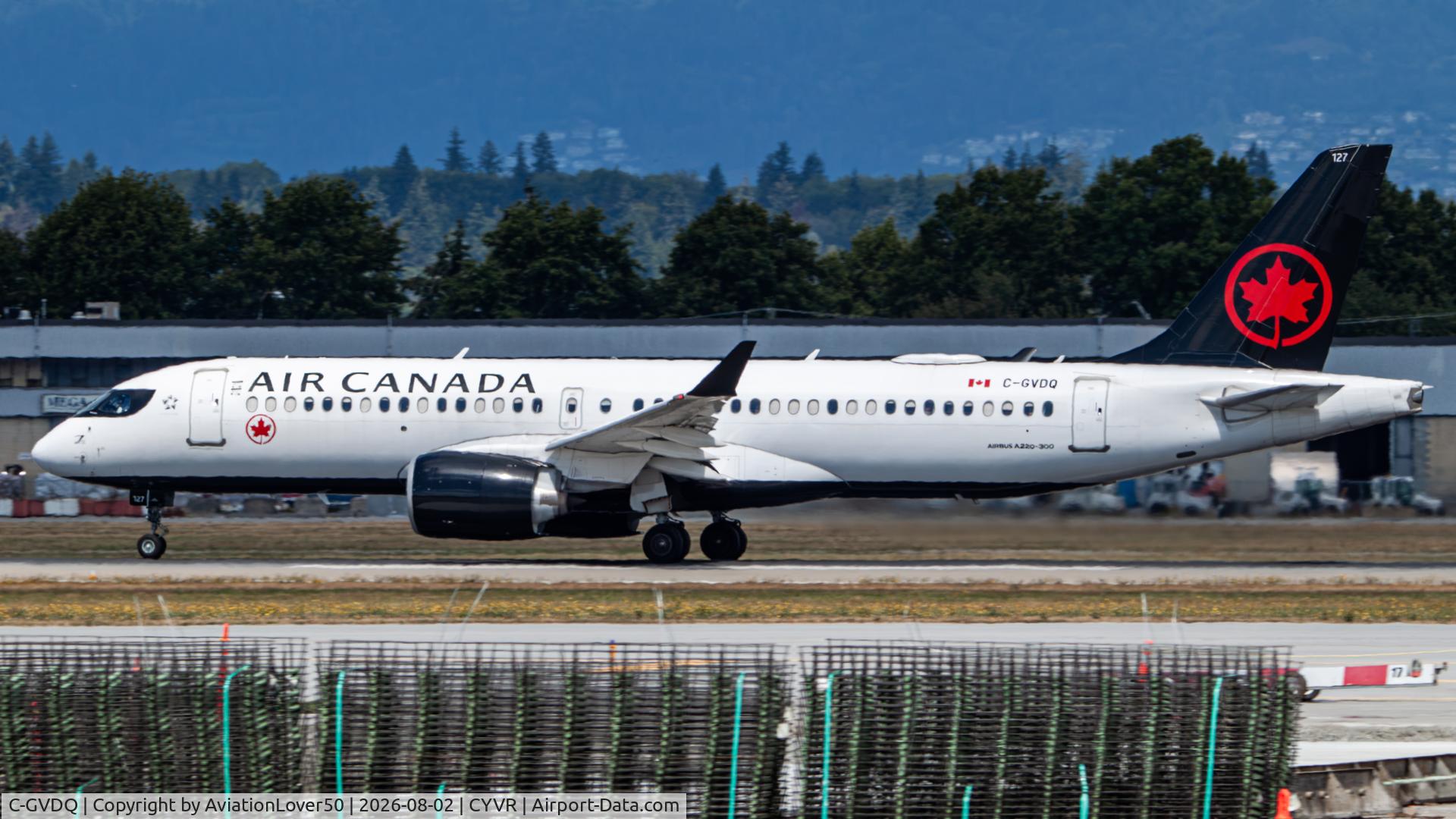 Aircraft C-GVDQ, 2021 Airbus A220-300, c/n 55152, Air Canada A223, at CYVR, photo by AviationLover50