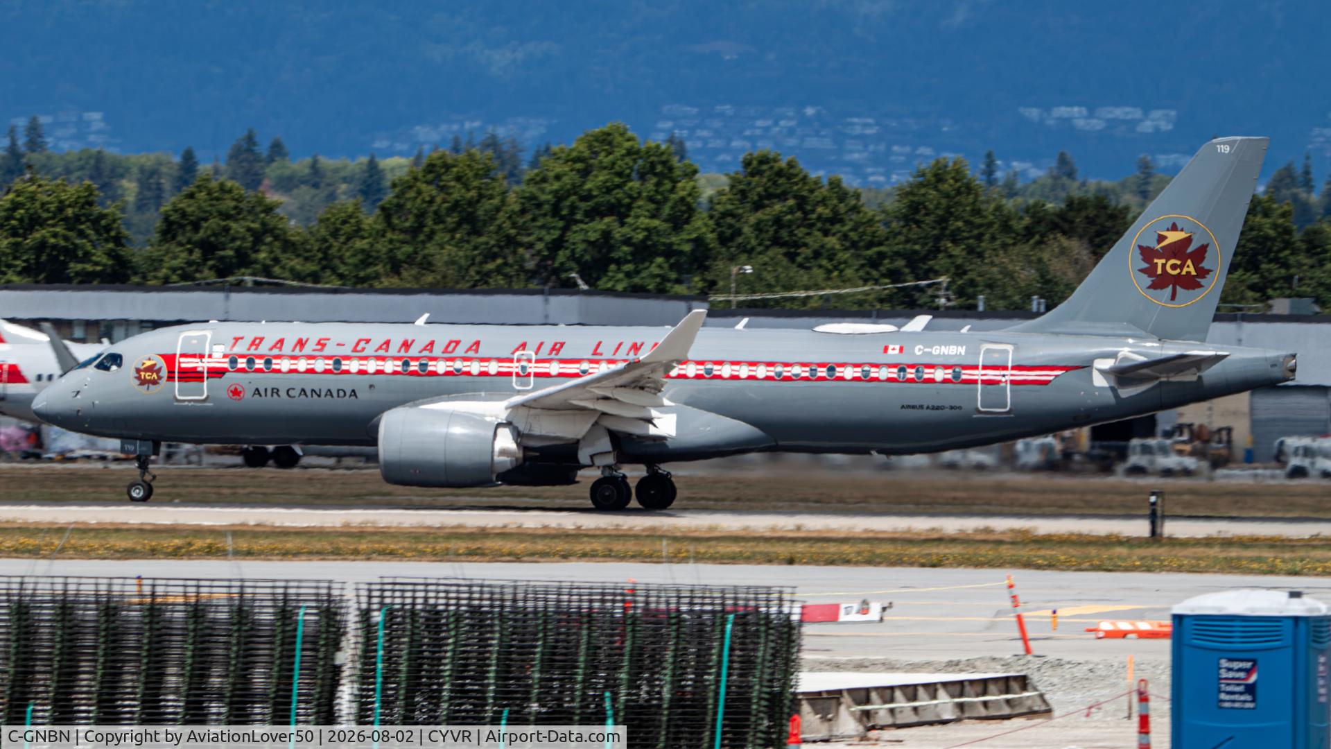 Aircraft C-GNBN, 2021 Airbus A220-300, c/n 55112, Air Canada TCA retro A223, at CYVR, photo by AviationLover50