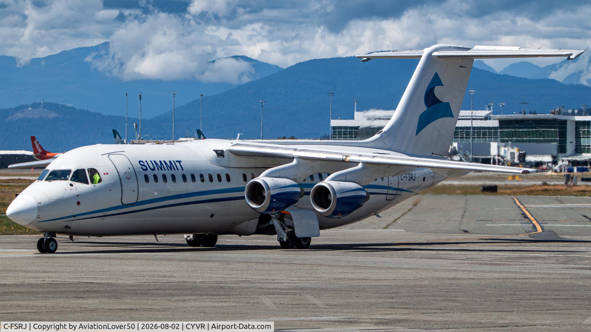 Aircraft C-FSRJ, 1998 British Aerospace Avro RJ100, c/n 3331, Summit Air RJ100, at CYVR, photo by AviationLover50