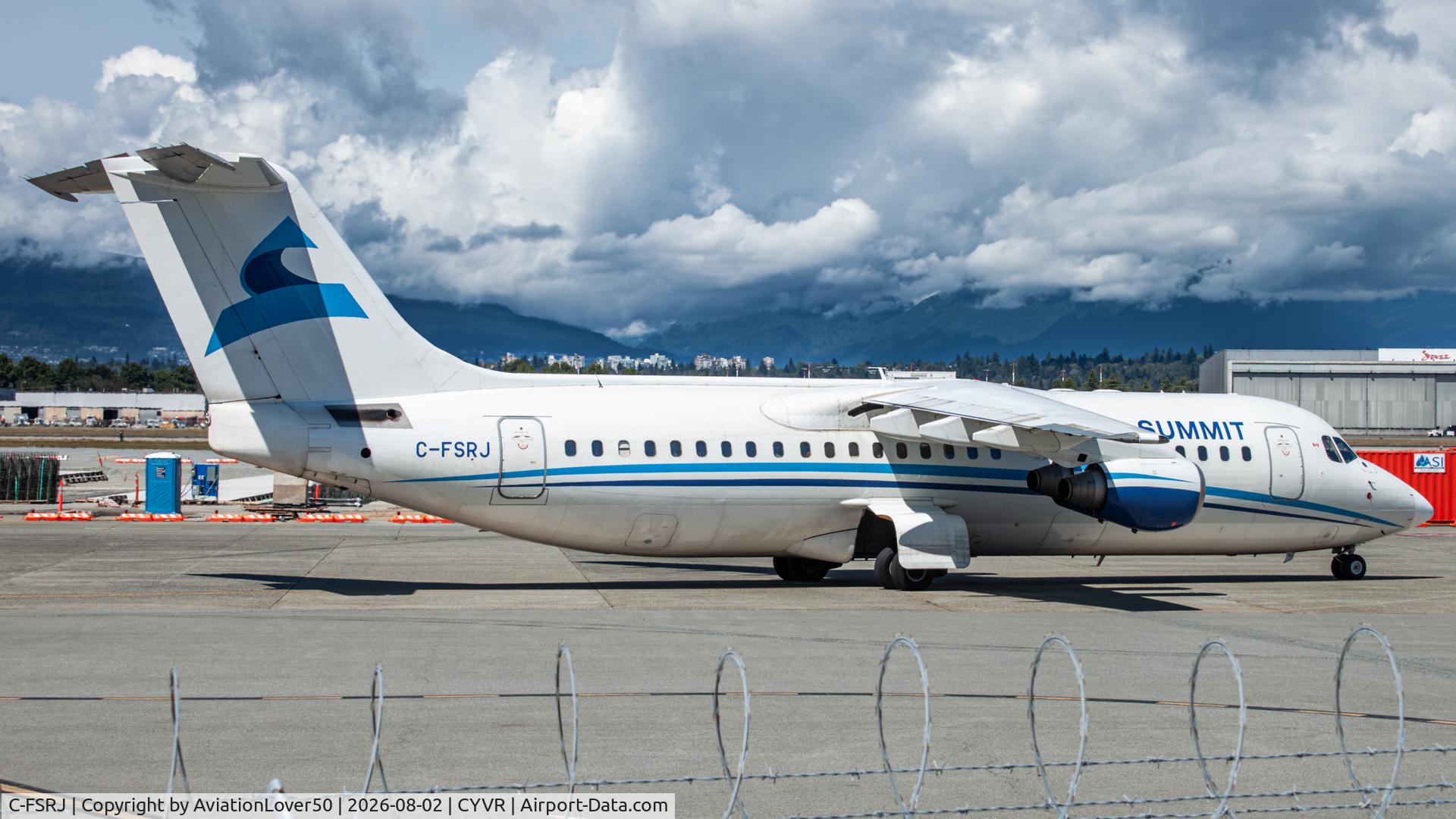 Aircraft C-FSRJ, 1998 British Aerospace Avro RJ100, c/n 3331, Summit Air RJ100, at CYVR, photo by AviationLover50