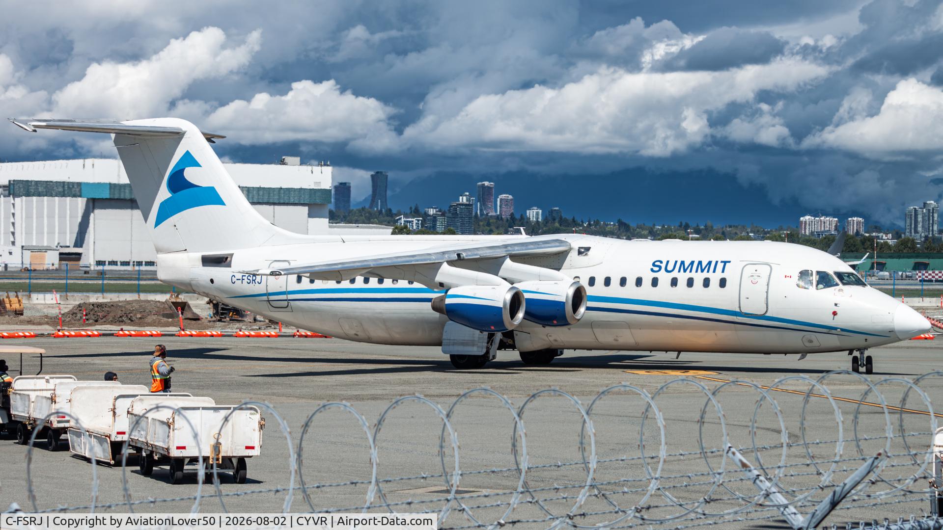 Aircraft C-FSRJ, 1998 British Aerospace Avro RJ100, c/n 3331, Summit Air RJ100, at CYVR, photo by AviationLover50