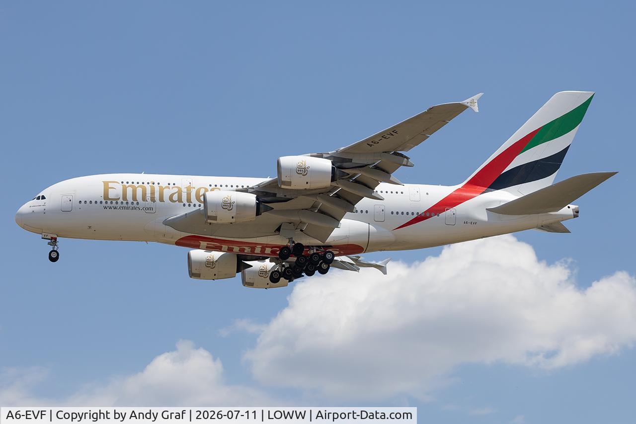 Aircraft A6-EVF, 2018 Airbus A380-800, c/n 252, Emirates A380, at LOWW, photo by Andy Graf
