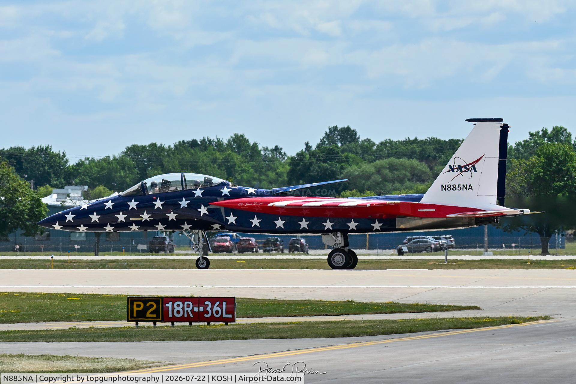 Aircraft N885NA, McDonnell Douglas F-15D Eagle, c/n 78-0565, NASA F-15D rolling out to the end of the runway, at KOSH, photo by topgunphotography
