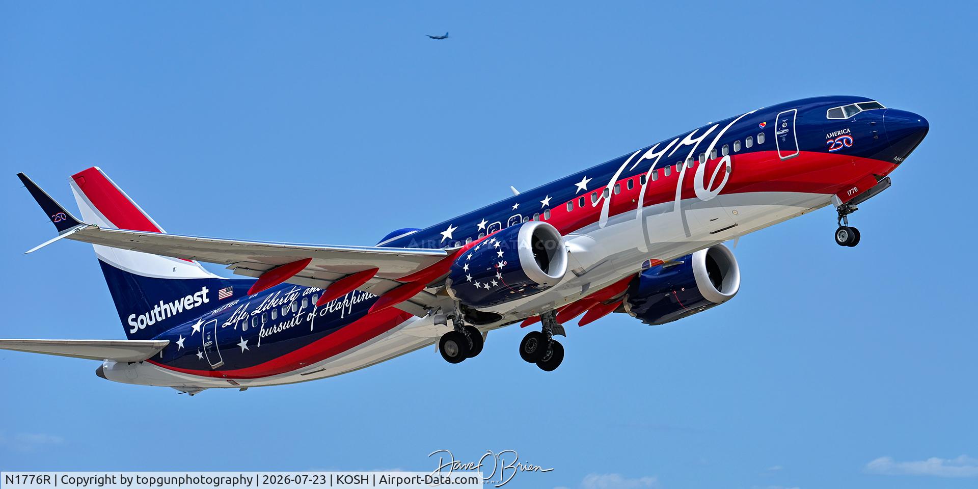 Aircraft N1776R, 2026 Boeing 737 MAX 8 'Independence One' livery, c/n 42701 l/n 9521, Freedom One departing Oshkosh 26, at KOSH, photo by topgunphotography