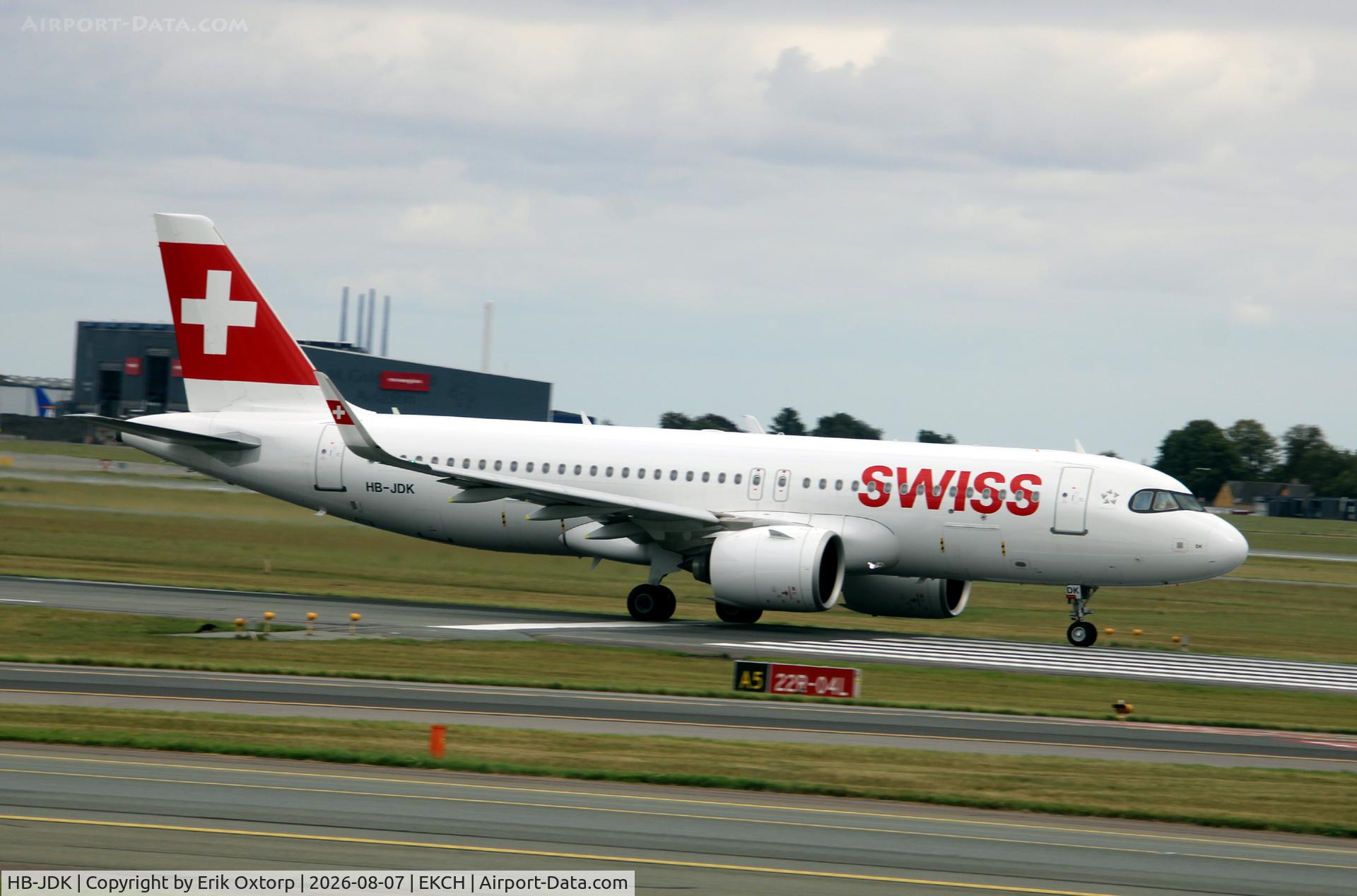 Aircraft HB-JDK, 2025 Airbus A320-271 NX, c/n 12565, HB-JDK takeoff rw 22R, at EKCH, photo by Erik Oxtorp