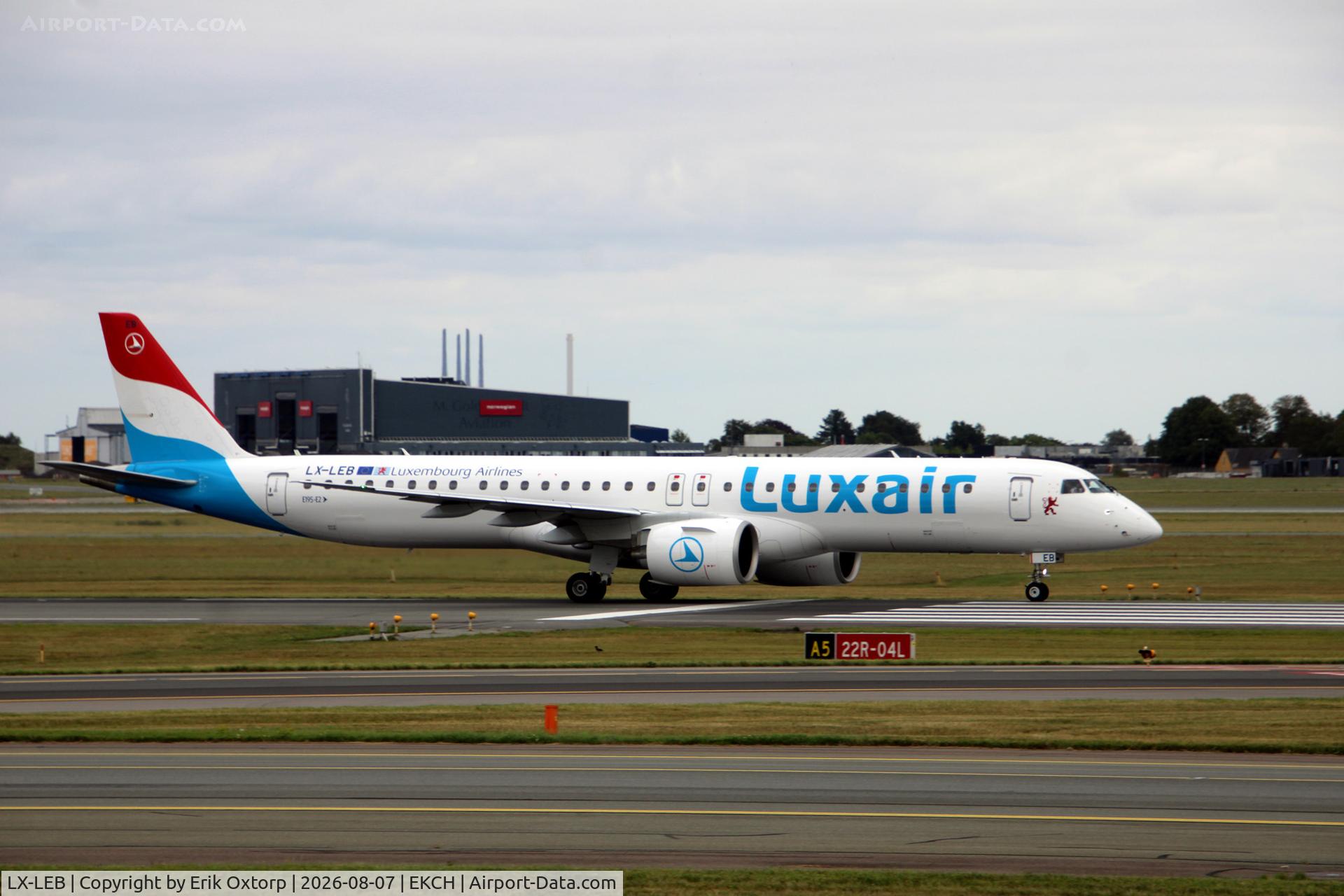 Aircraft LX-LEB, Embraer E-195, c/n 20216, LX-LEB takeoff rw 22R, at EKCH, photo by Erik Oxtorp