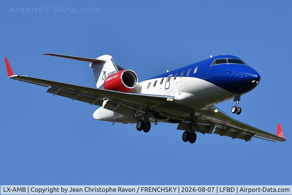 Aircraft LX-AMB, 2009 Bombardier Challenger 605 (CL-600-2B16), c/n 5818, Luxembourg Air Rescue, Luxembourg (LUX) Bordeaux (BOD) (LRQ351A) landing runway 05, at LFBD, photo by Jean Christophe Ravon / FRENCHSKY