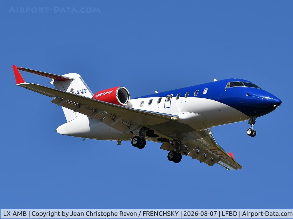 Aircraft LX-AMB, 2009 Bombardier Challenger 605 (CL-600-2B16), c/n 5818, Luxembourg Air Rescue, Luxembourg (LUX) Bordeaux (BOD) (LRQ351A) landing runway 05, at LFBD, photo by Jean Christophe Ravon / FRENCHSKY