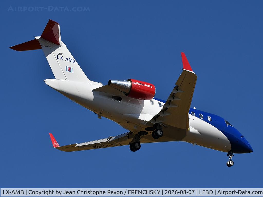 Aircraft LX-AMB, 2009 Bombardier Challenger 605 (CL-600-2B16), c/n 5818, Luxembourg Air Rescue, Luxembourg (LUX) Bordeaux (BOD) (LRQ351A) landing runway 05, at LFBD, photo by Jean Christophe Ravon / FRENCHSKY