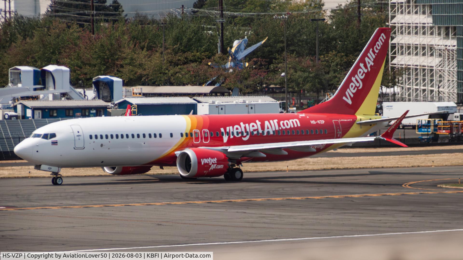 Aircraft HS-VZP, 2026 Boeing 737-8 MAX, c/n 63915 l/n 9762, Thai VietJetAir MAX 8 about to leave BFI for delivery to Thailand, at KBFI, photo by AviationLover50