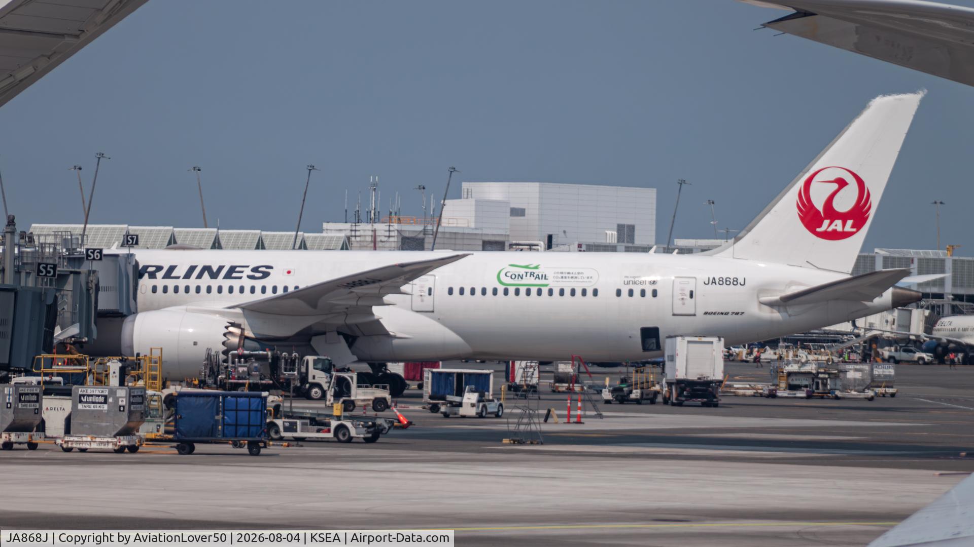Aircraft JA868J, 2017 Boeing 787-9 Dreamliner Dreamliner, c/n 34845 l/n 554, JAL Contrail sticker 789, at KSEA, photo by AviationLover50