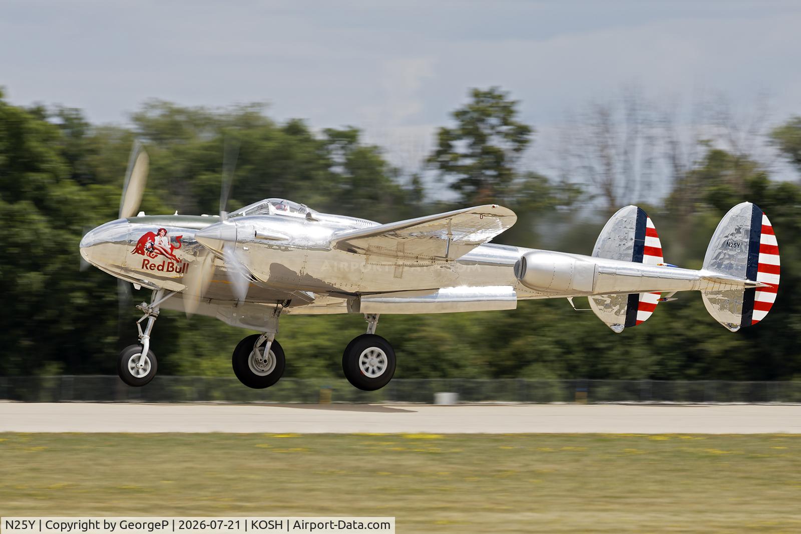 Aircraft N25Y, 1944 Lockheed P-38L-5LO Lightning, c/n AF44-53254, Airventure 2026., at KOSH, photo by GeorgeP